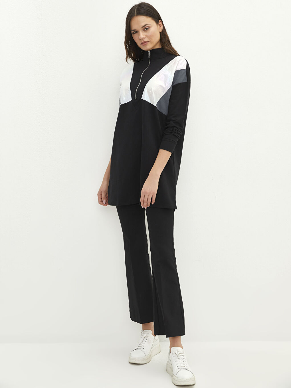 Standing Collar Color Block Long Sleeve Women's Sweatshirt Tunic-2