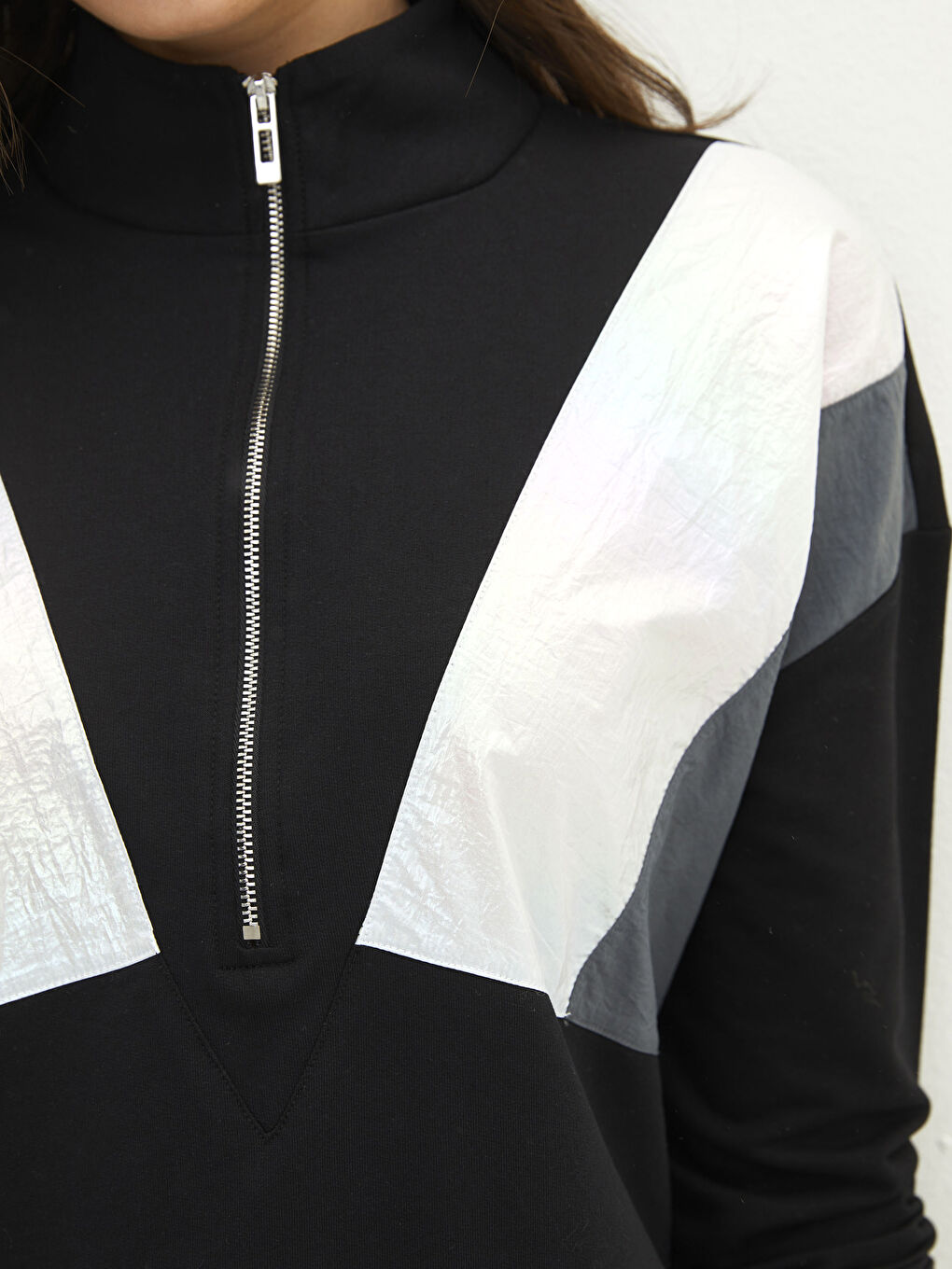 Standing Collar Color Block Long Sleeve Women's Sweatshirt Tunic-3