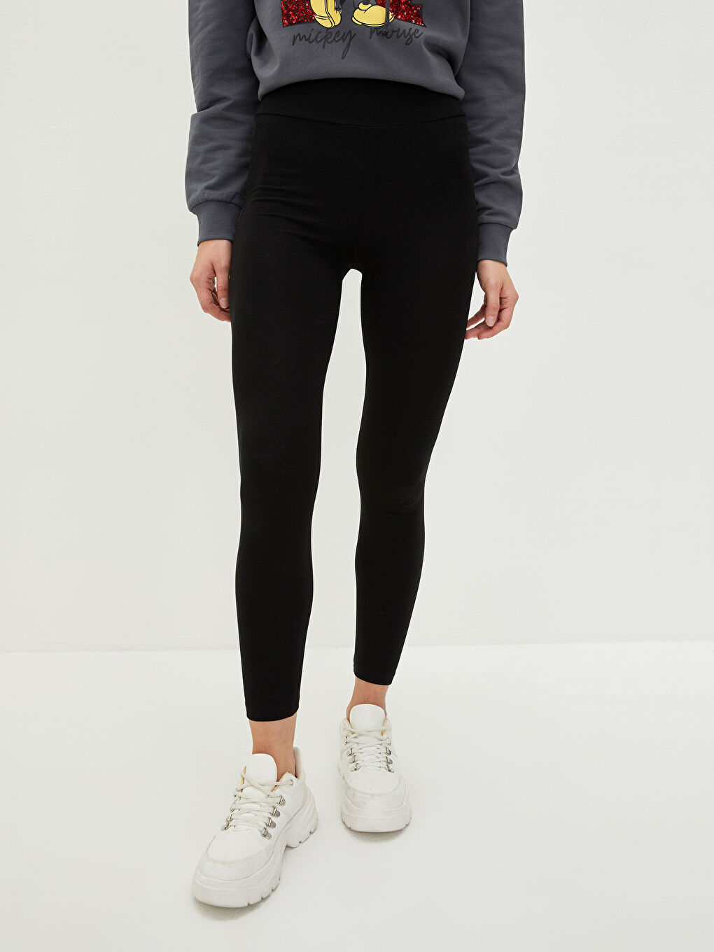 Siyah Kadın Beli Lastikli Düz Tayt Pantolon-3