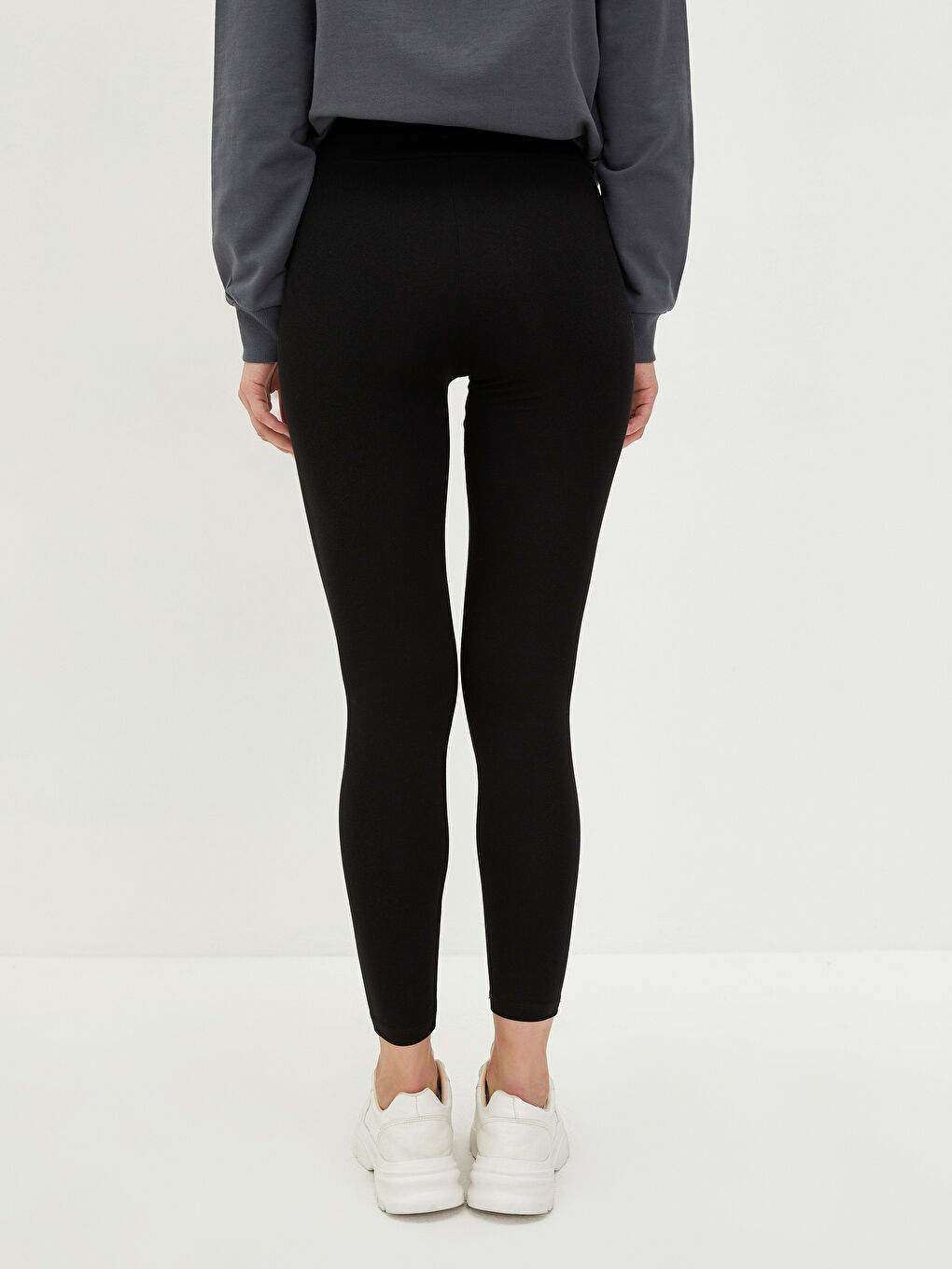 Siyah Kadın Beli Lastikli Düz Tayt Pantolon-5