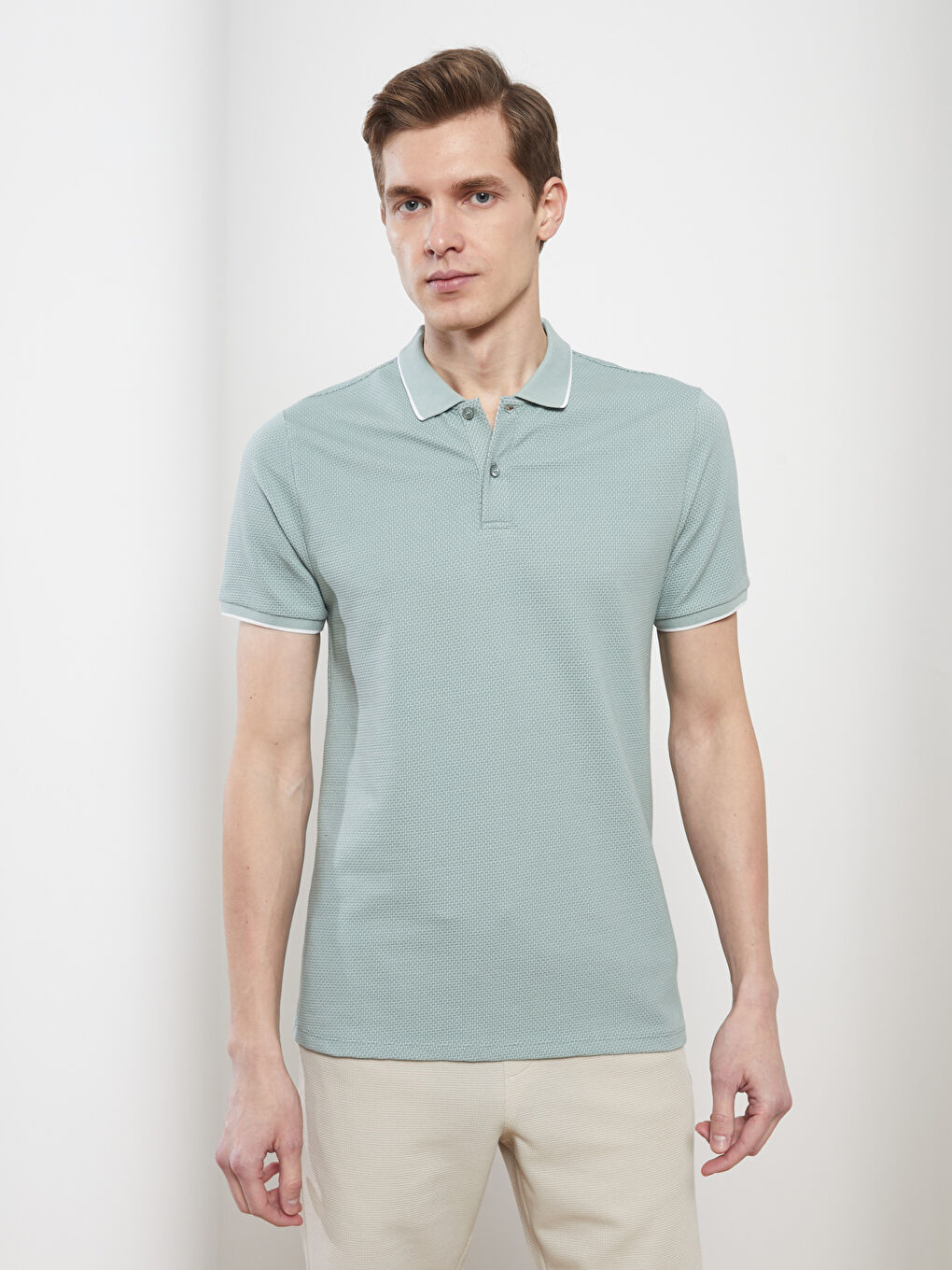 Yeşil Polo Yaka Kısa Kollu Basic Erkek Tişört-1