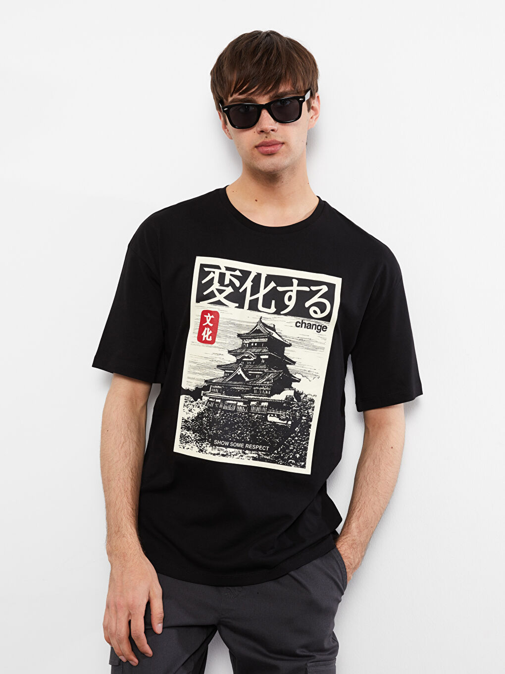 Siyah Oversize Bisiklet Yaka Kısa Kollu Baskılı Penye Erkek Tişört