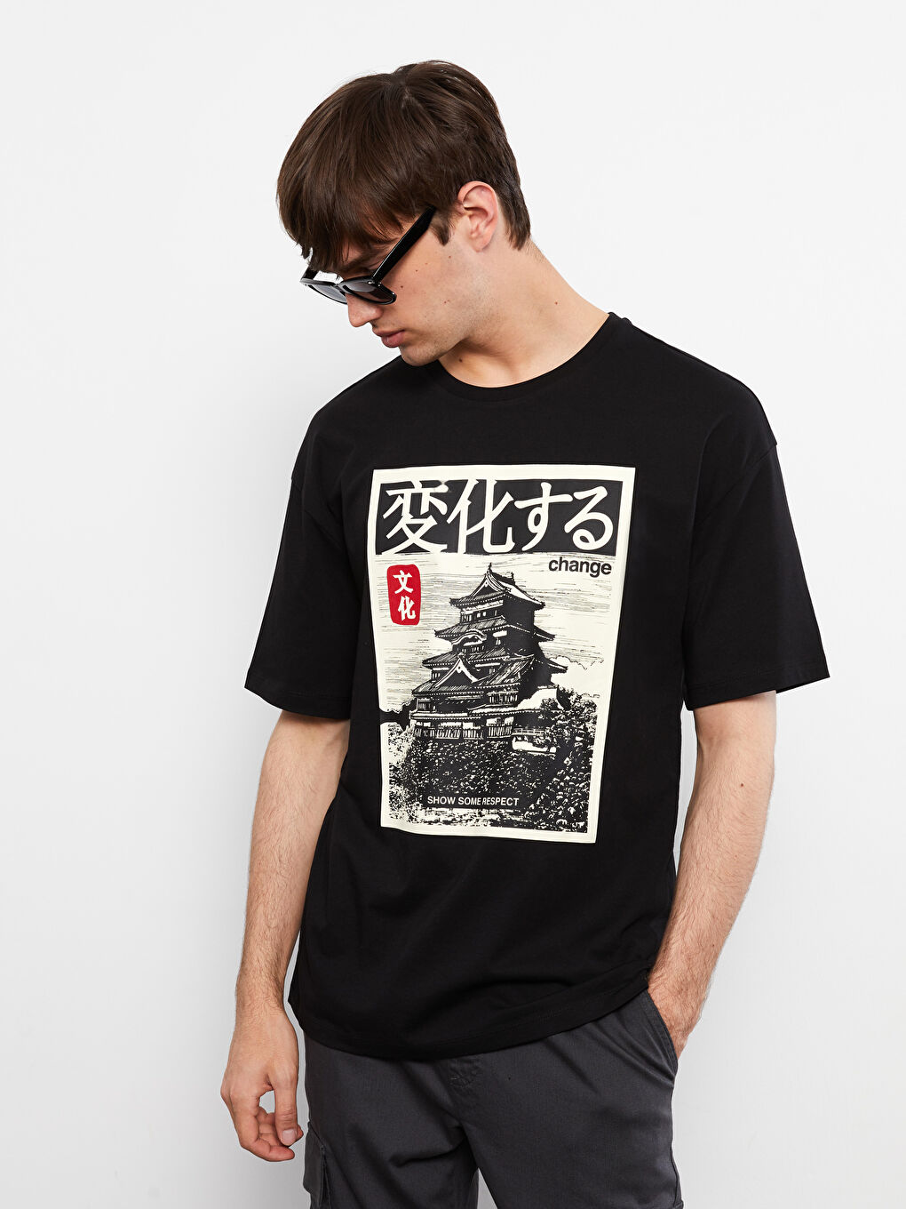 Siyah Oversize Bisiklet Yaka Kısa Kollu Baskılı Penye Erkek Tişört-1