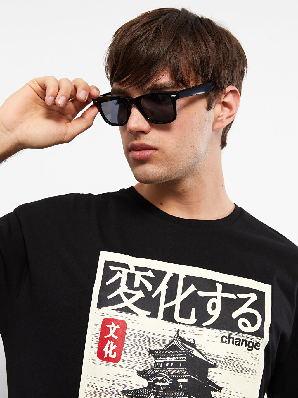 Siyah Oversize Bisiklet Yaka Kısa Kollu Baskılı Penye Erkek Tişört-3