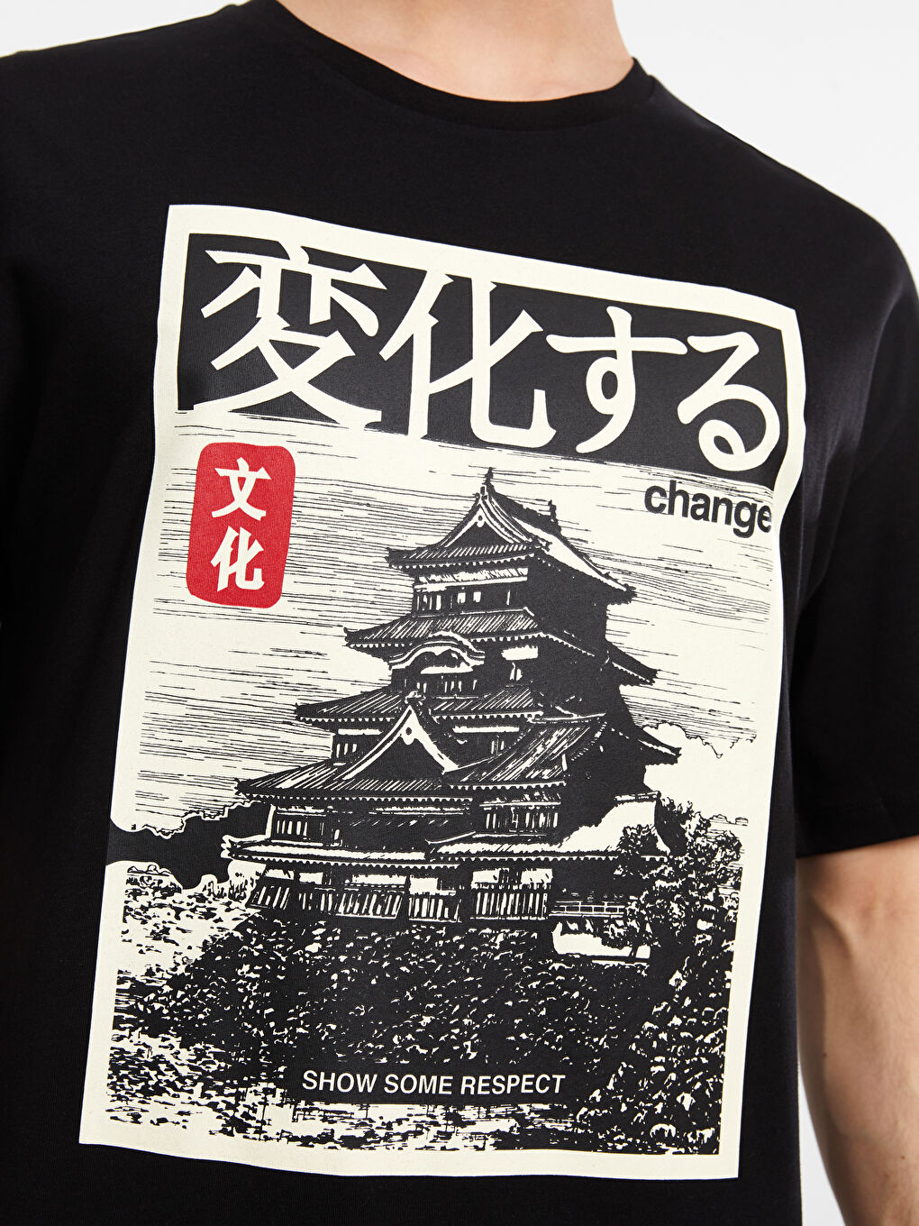 Siyah Oversize Bisiklet Yaka Kısa Kollu Baskılı Penye Erkek Tişört-4