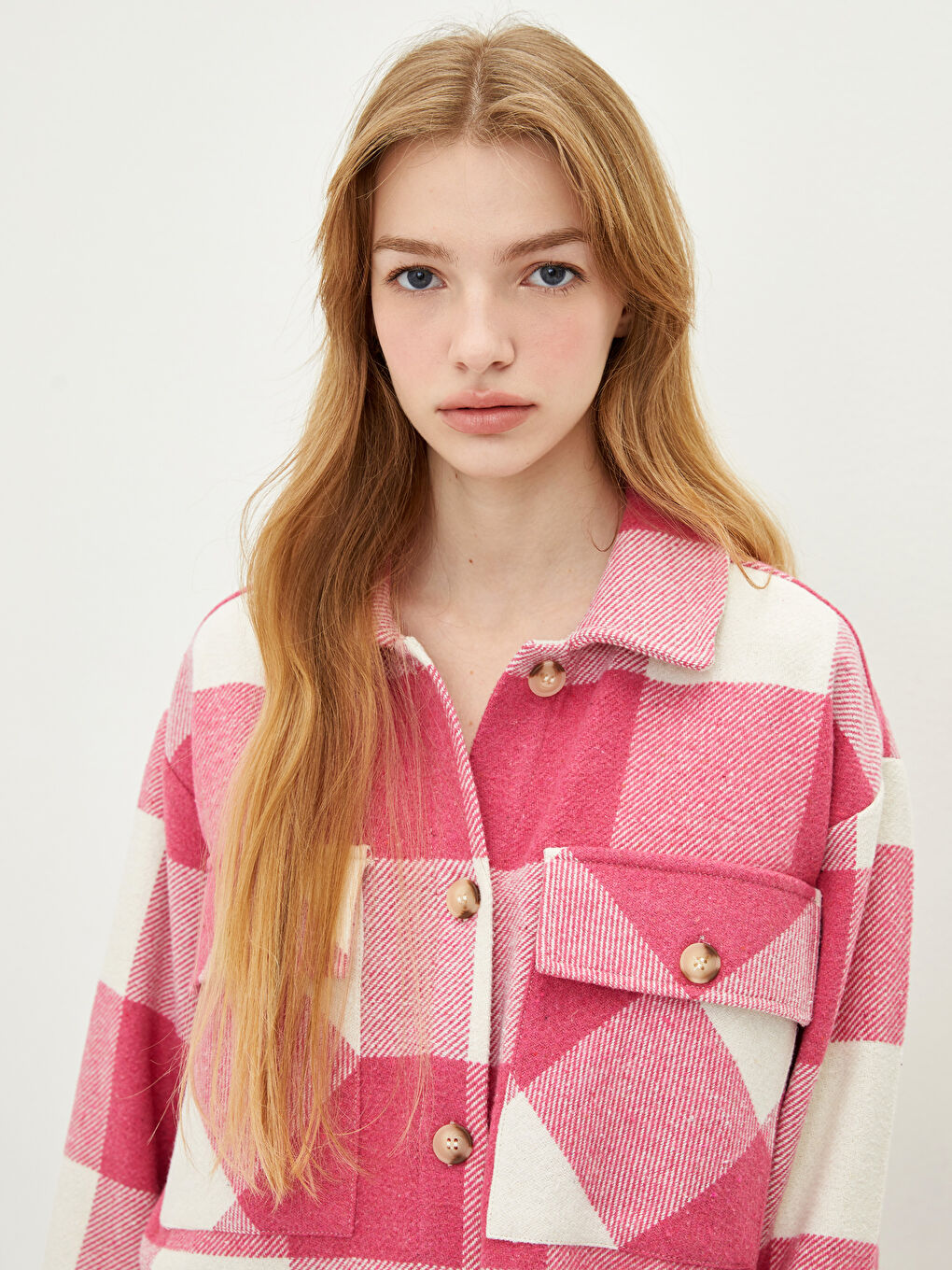 Pembe Önden Düğme Kapamalı Ekose Uzun Kollu Gabardin Kadın Gömlek Ceket-1