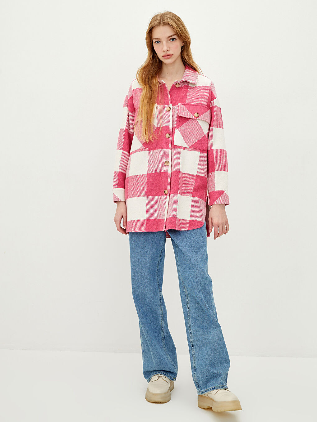 Pembe Önden Düğme Kapamalı Ekose Uzun Kollu Gabardin Kadın Gömlek Ceket-2