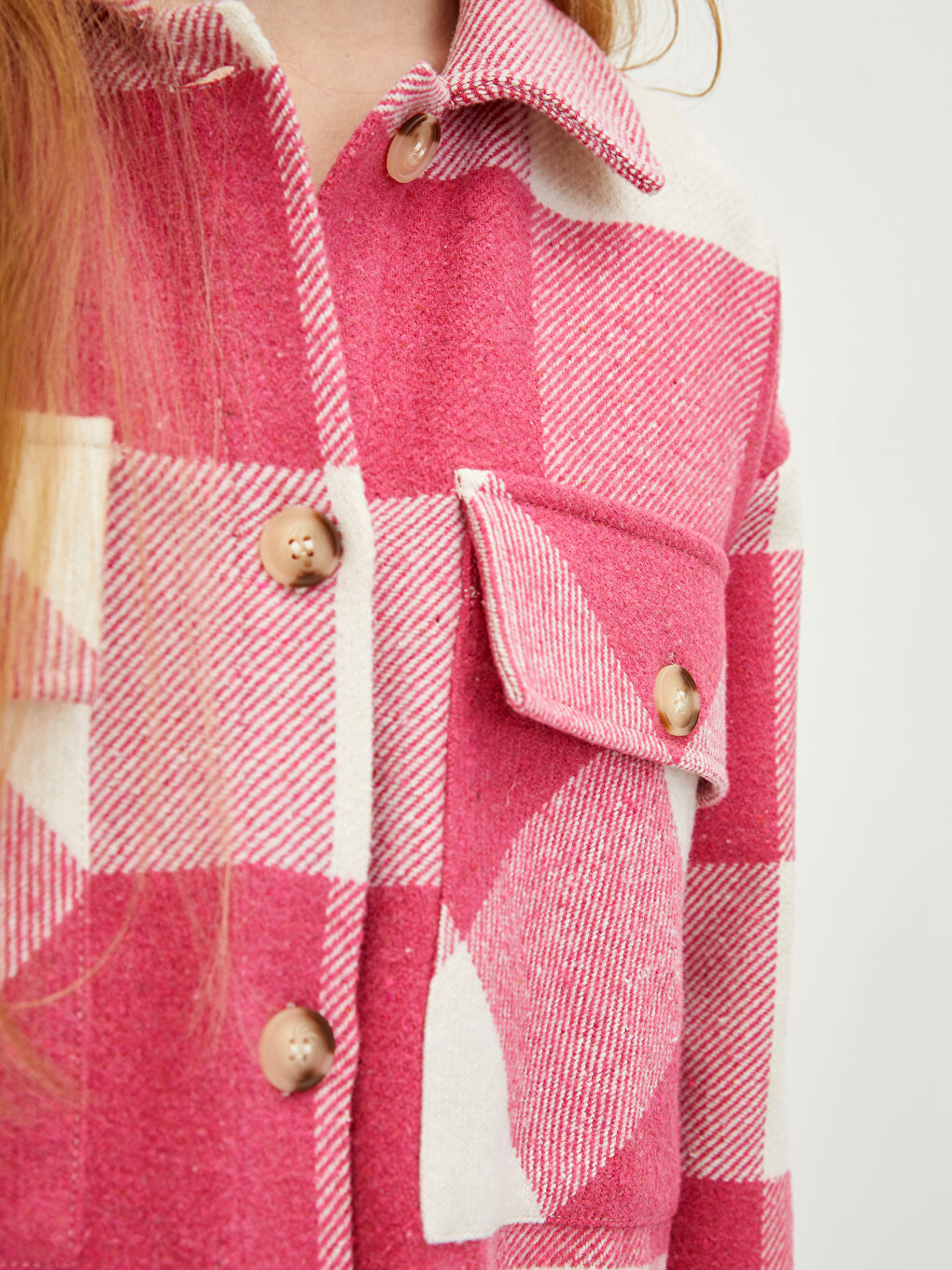 Pembe Önden Düğme Kapamalı Ekose Uzun Kollu Gabardin Kadın Gömlek Ceket-3