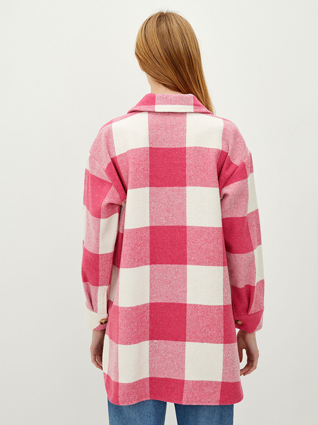 Pembe Önden Düğme Kapamalı Ekose Uzun Kollu Gabardin Kadın Gömlek Ceket-4