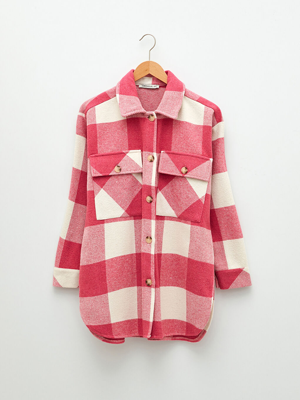 Pembe Önden Düğme Kapamalı Ekose Uzun Kollu Gabardin Kadın Gömlek Ceket-5