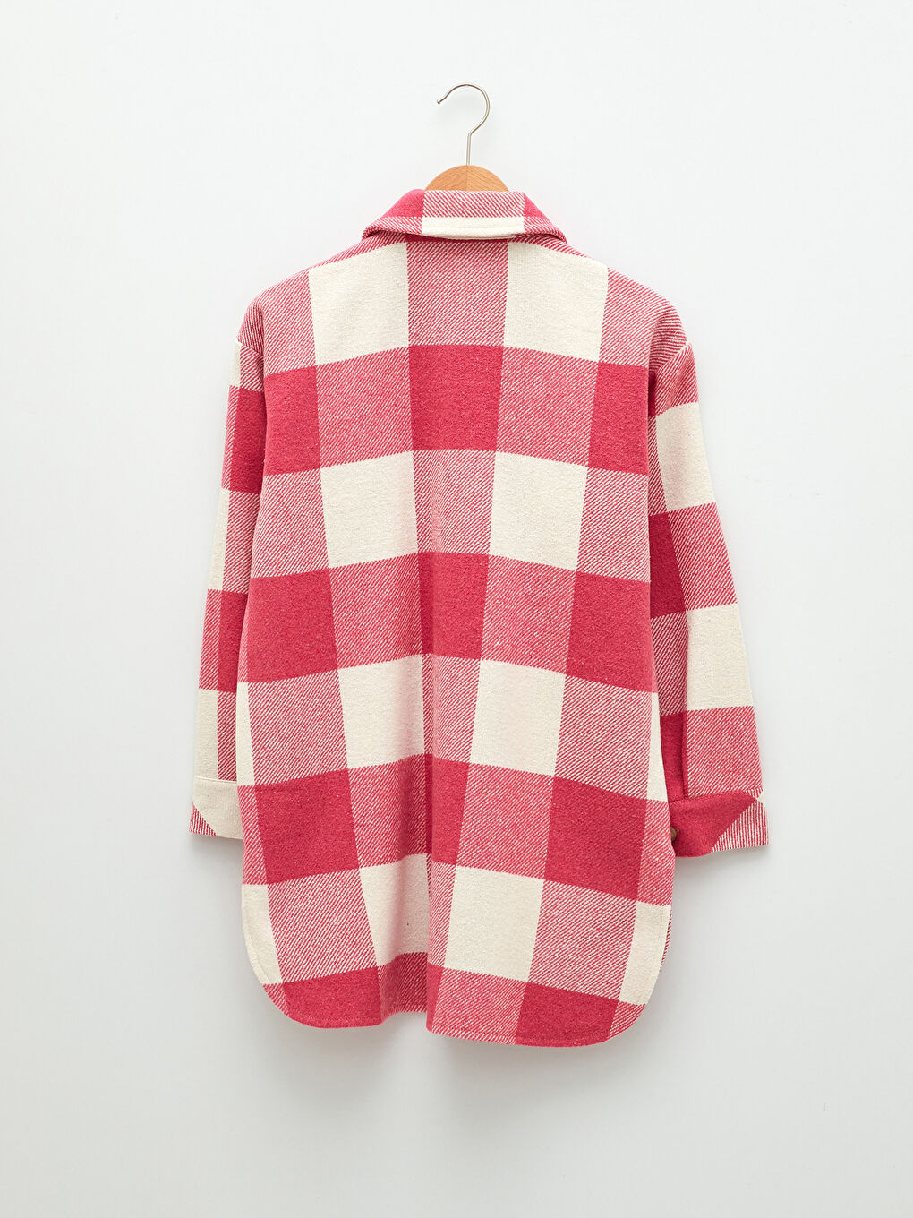 Pembe Önden Düğme Kapamalı Ekose Uzun Kollu Gabardin Kadın Gömlek Ceket-6