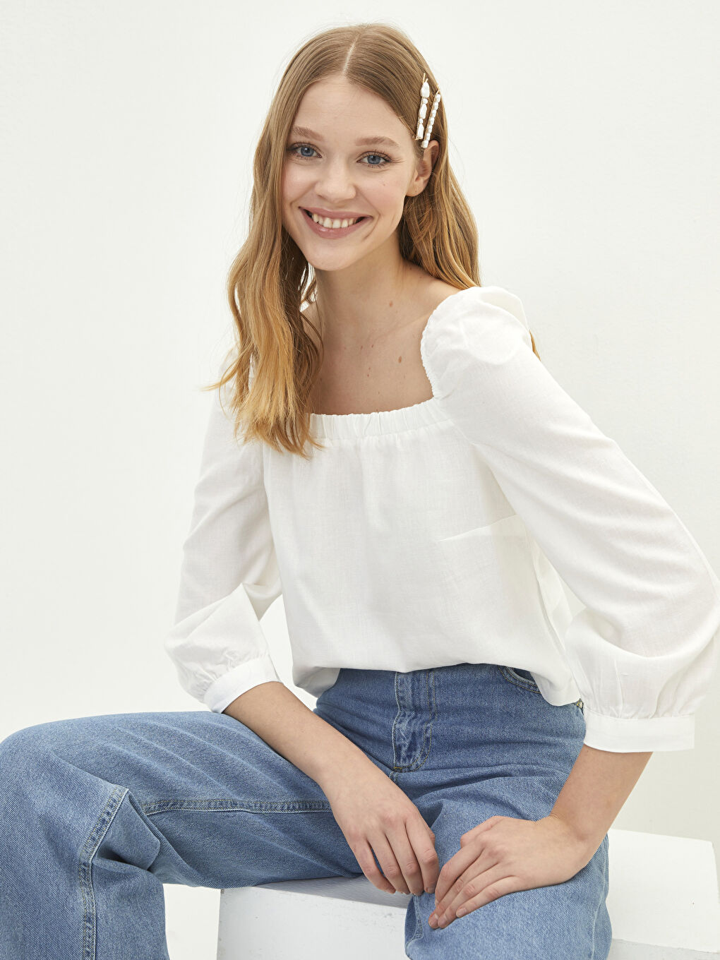 Square Collar Plain Poplin Women's Blouse