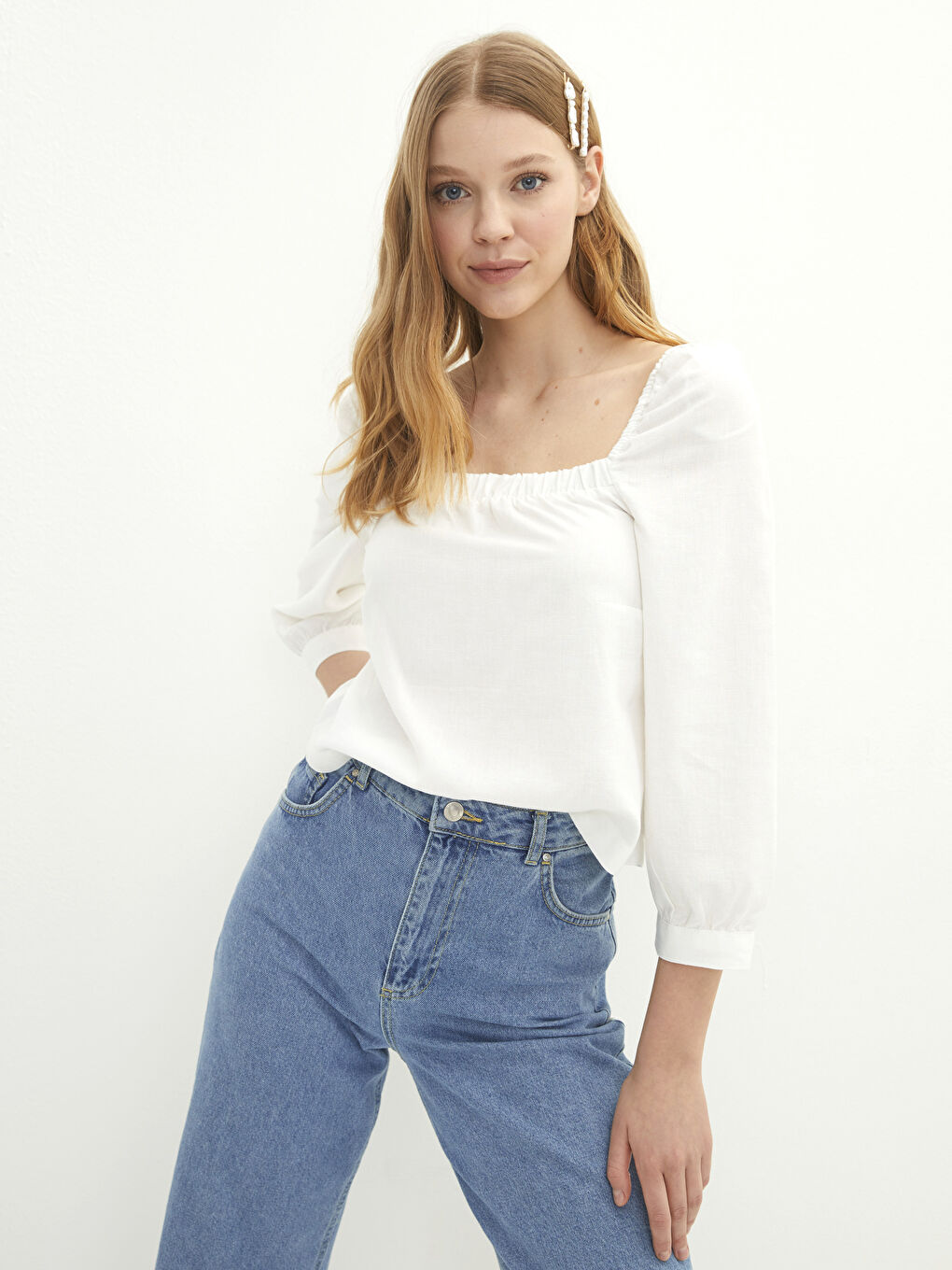 Square Collar Plain Poplin Women's Blouse-1