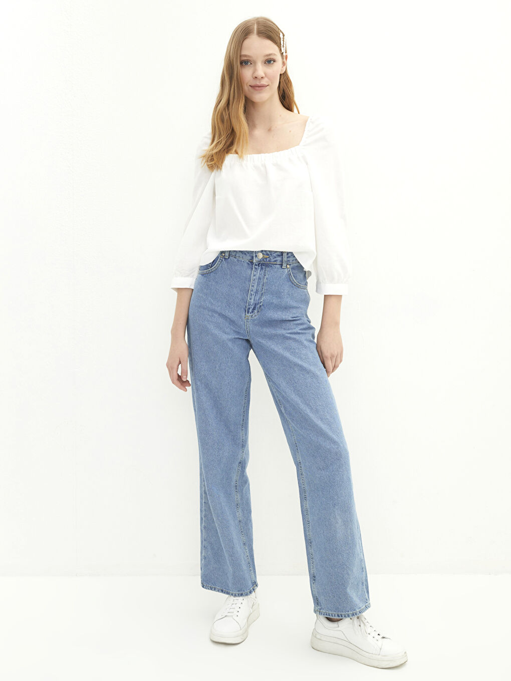 Square Collar Plain Poplin Women's Blouse-2