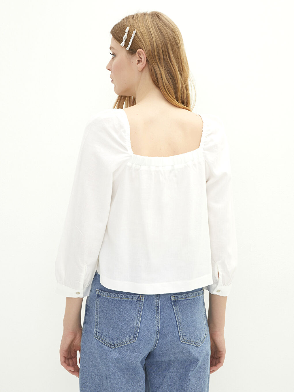 Square Collar Plain Poplin Women's Blouse-4