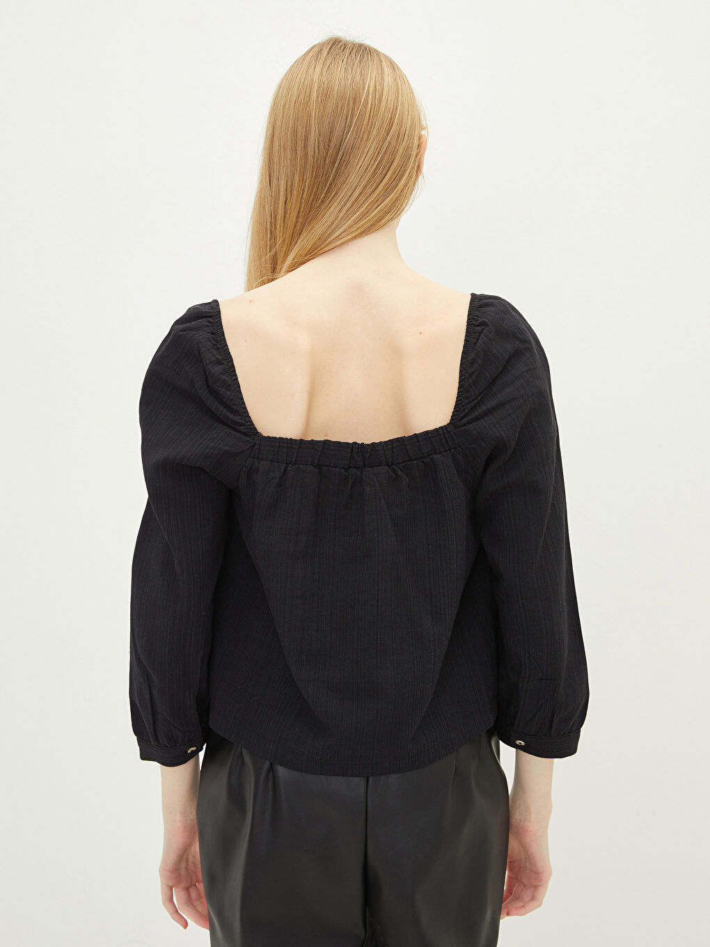 بلوزة سادة بياقة مربعة للسيدات من قماش بوبلين-3