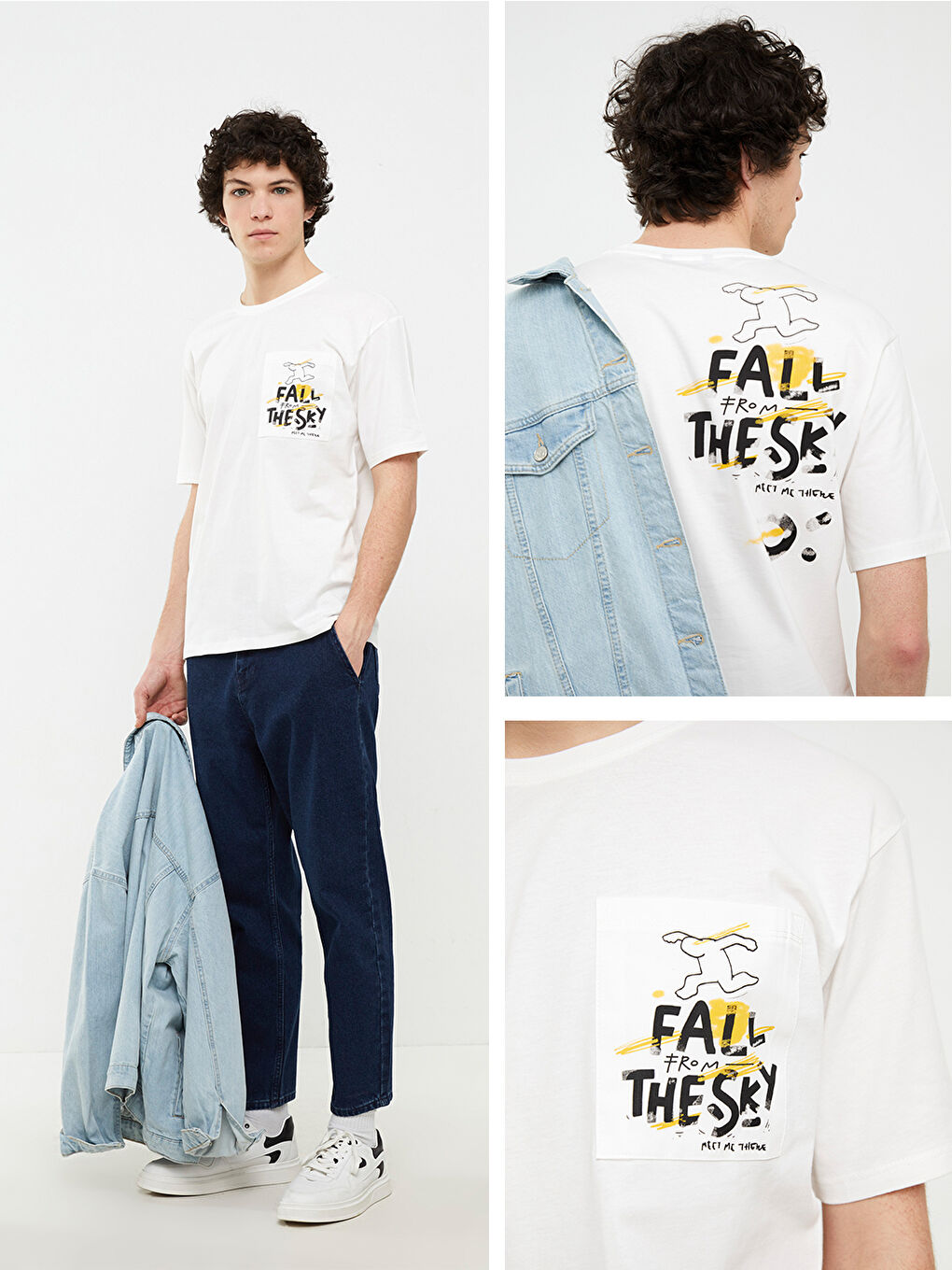 Beyaz Bisiklet Yaka Kısa Kollu Baskılı Penye Erkek Tişört