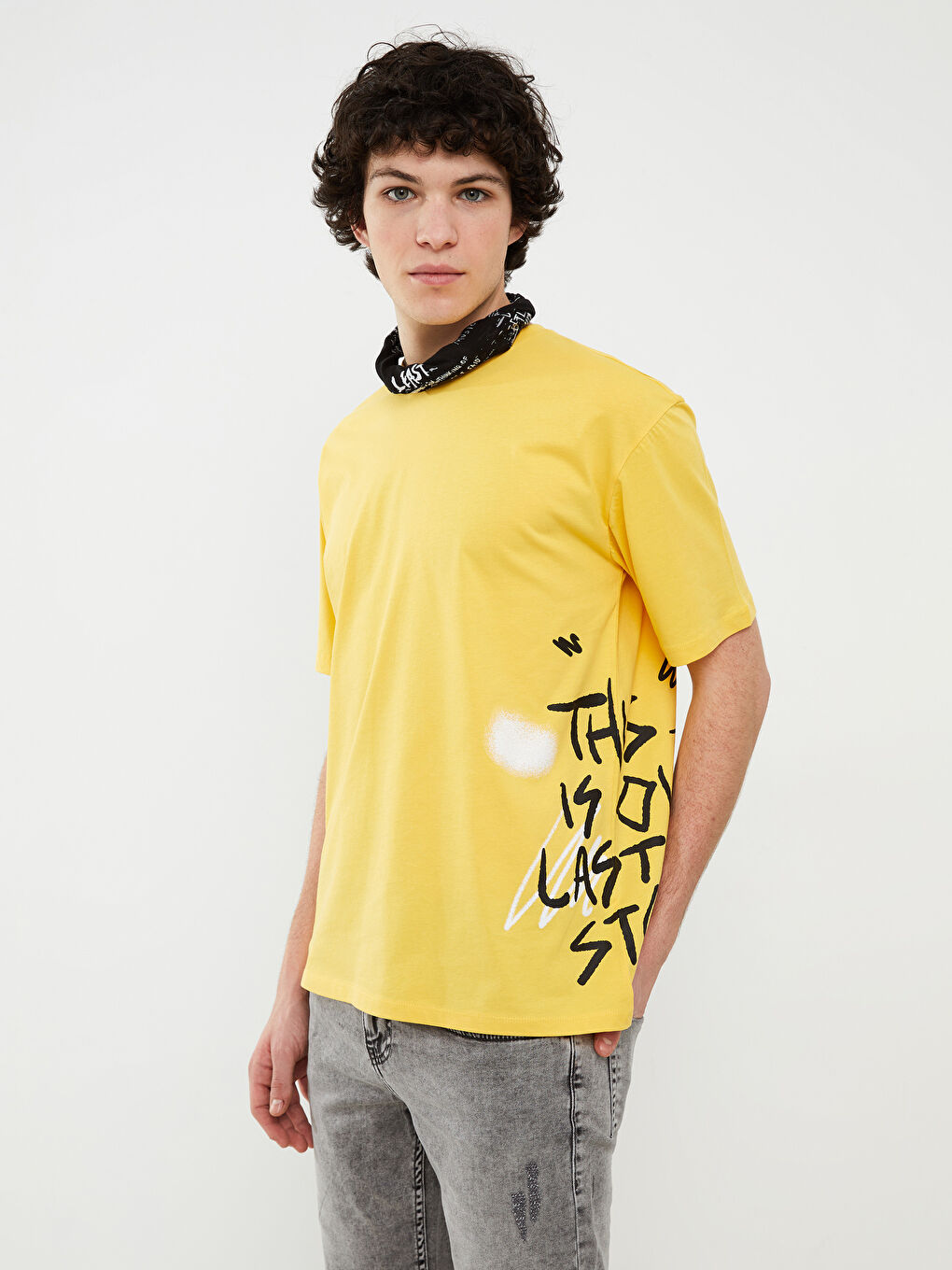 Sarı Bisiklet Yaka Kısa Kollu Baskılı Penye Erkek Tişört-2