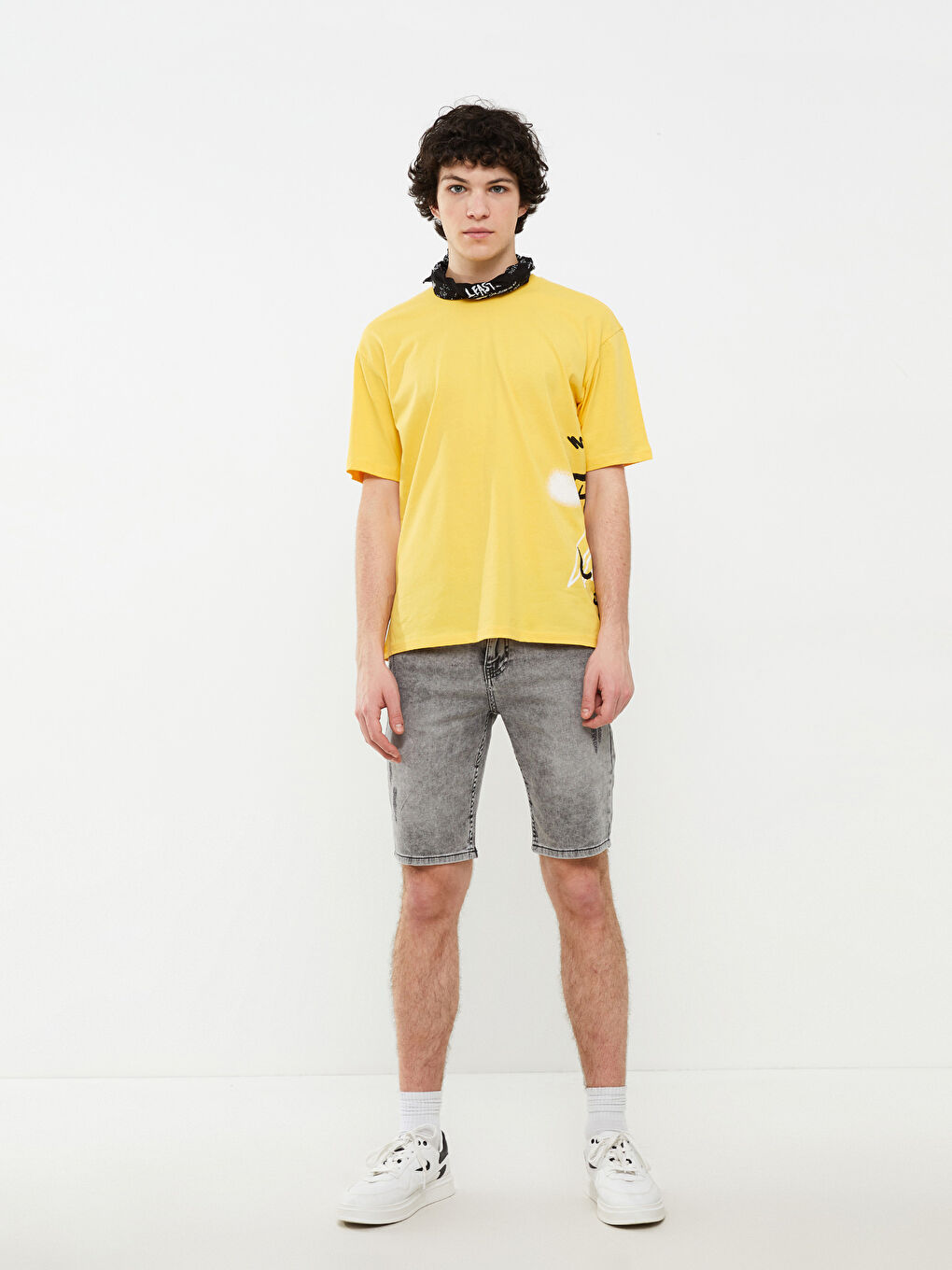 Sarı Bisiklet Yaka Kısa Kollu Baskılı Penye Erkek Tişört-3
