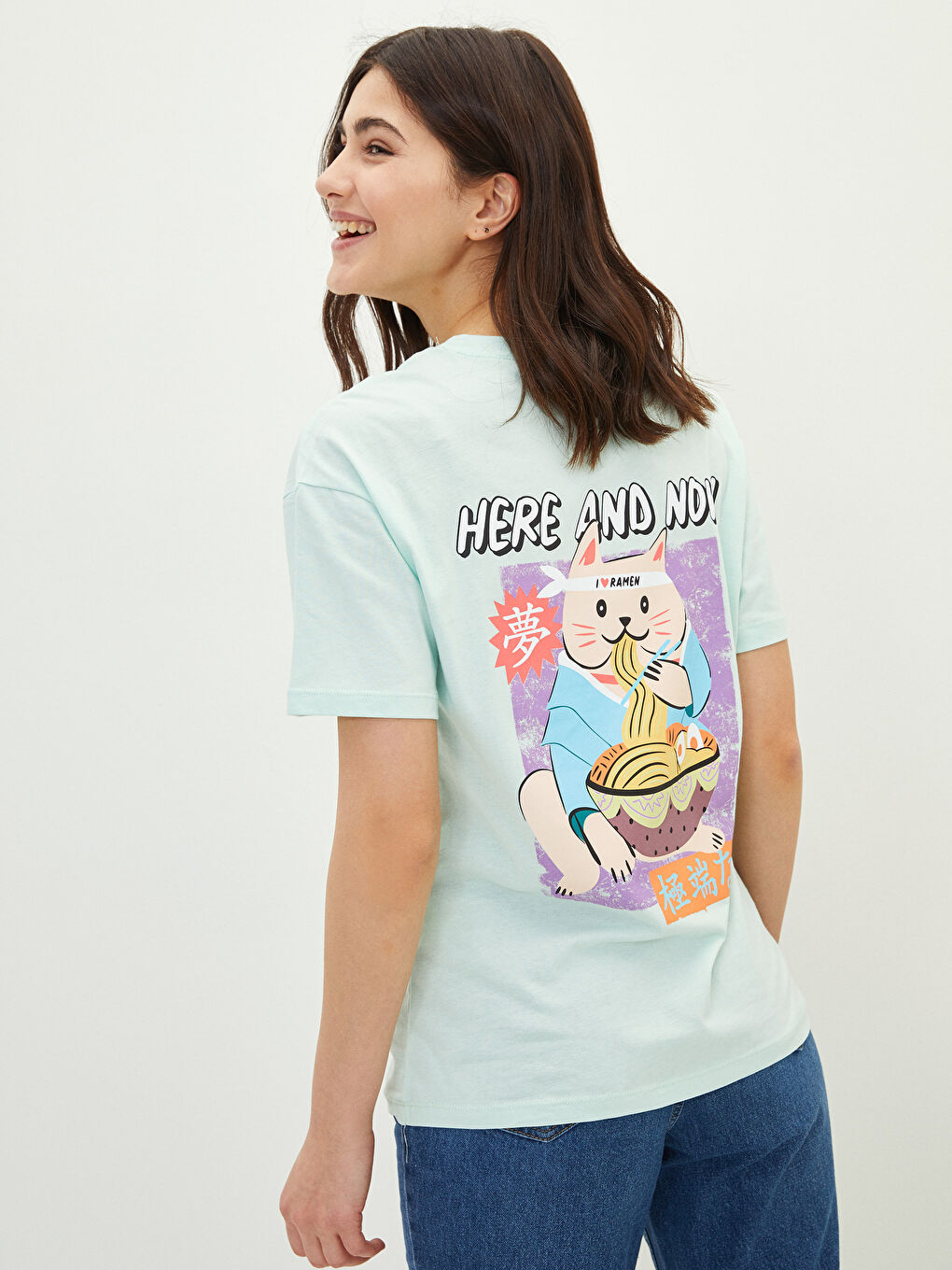 Yeşil Bisiklet Yaka Baskılı Kısa Kollu Pamuklu Kadın Tişört