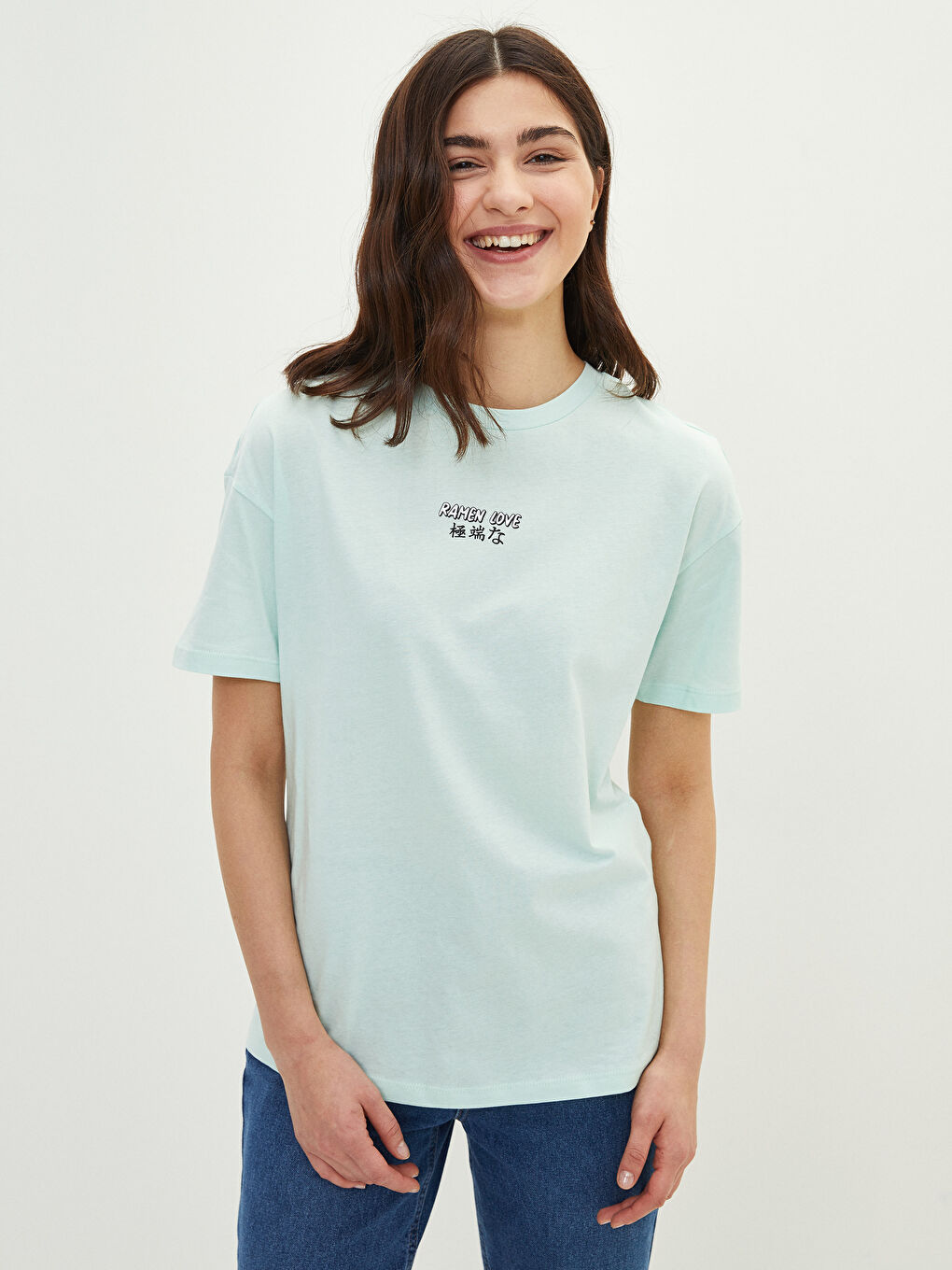 Yeşil Bisiklet Yaka Baskılı Kısa Kollu Pamuklu Kadın Tişört-1