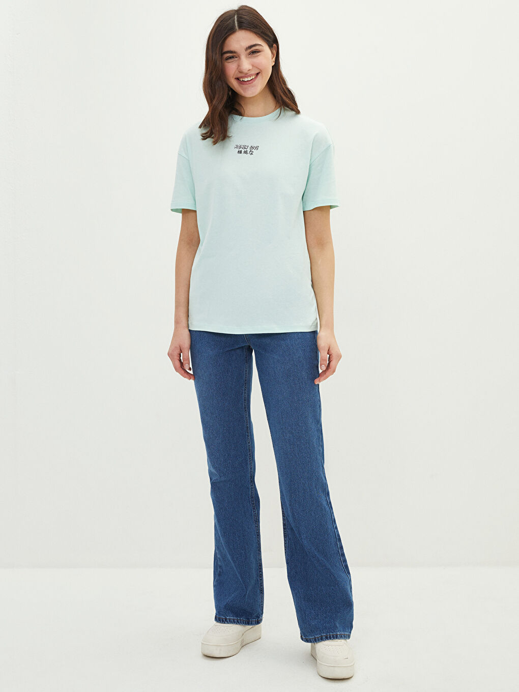 Yeşil Bisiklet Yaka Baskılı Kısa Kollu Pamuklu Kadın Tişört-2