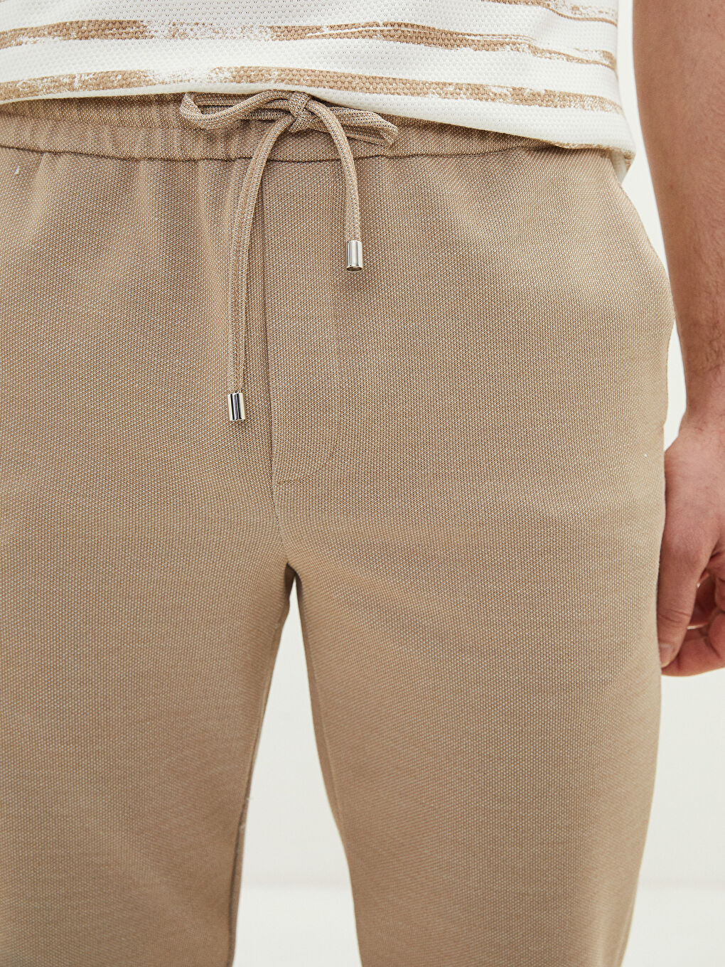 Bej Slim Fit Beli Bağlama Detaylı Erkek Pantolon-5