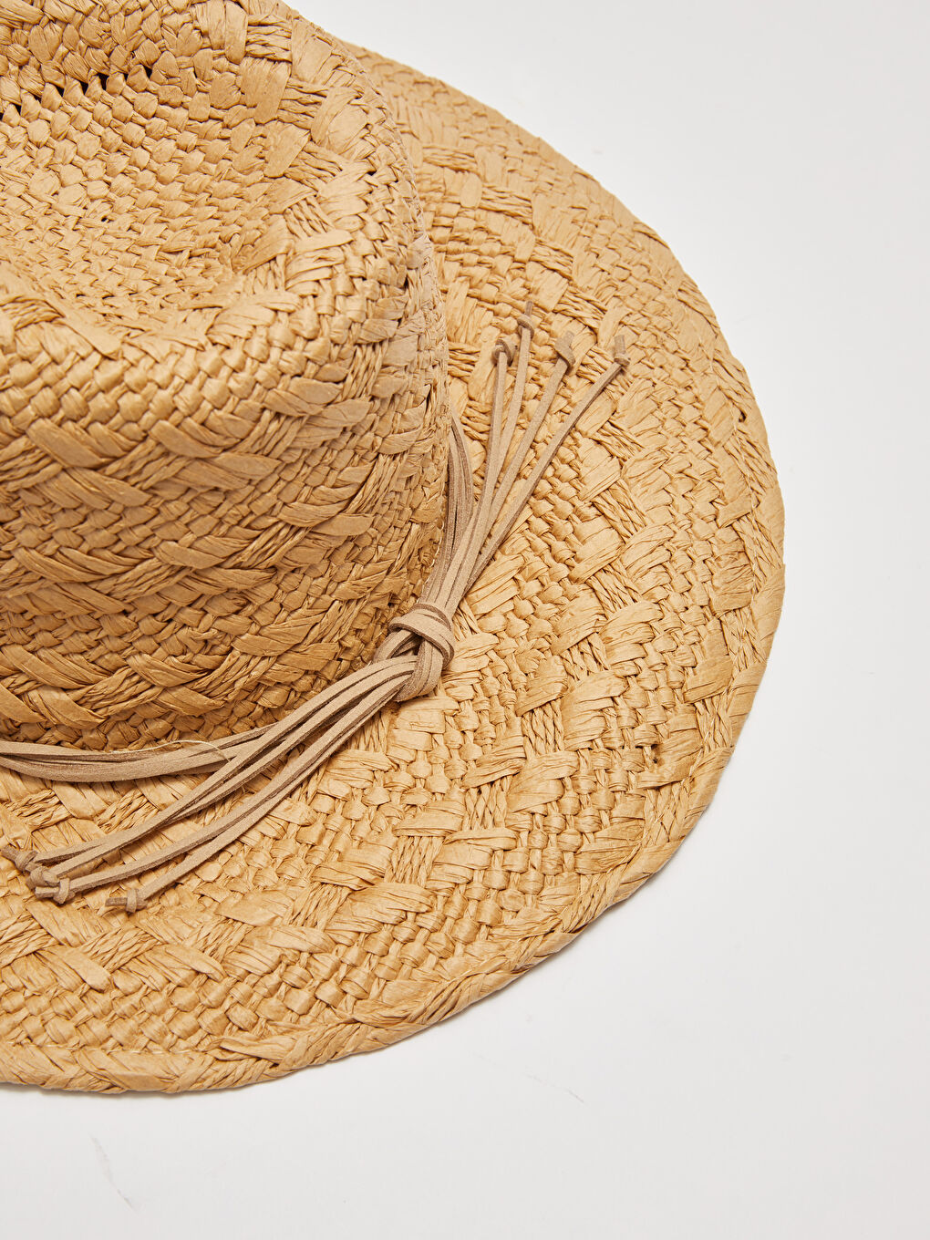 Bej Hasır Kendinden Desenli Kadın Fötr Şapka-5