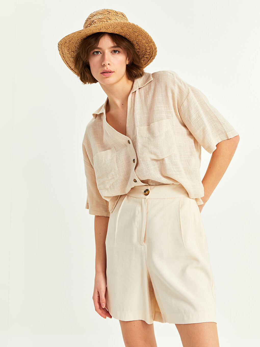 Bej Hasır Kendinden Desenli Kadın Fötr Şapka