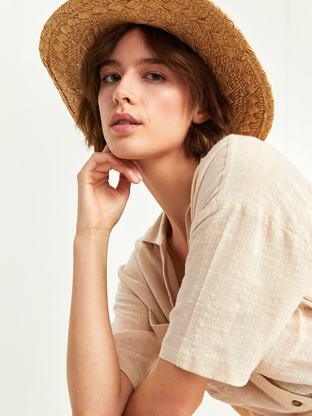 Bej Hasır Kendinden Desenli Kadın Fötr Şapka-2