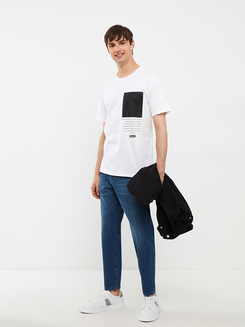 Beyaz Oversize Bisiklet Yaka Kısa Kollu Baskılı Penye Erkek Tişört