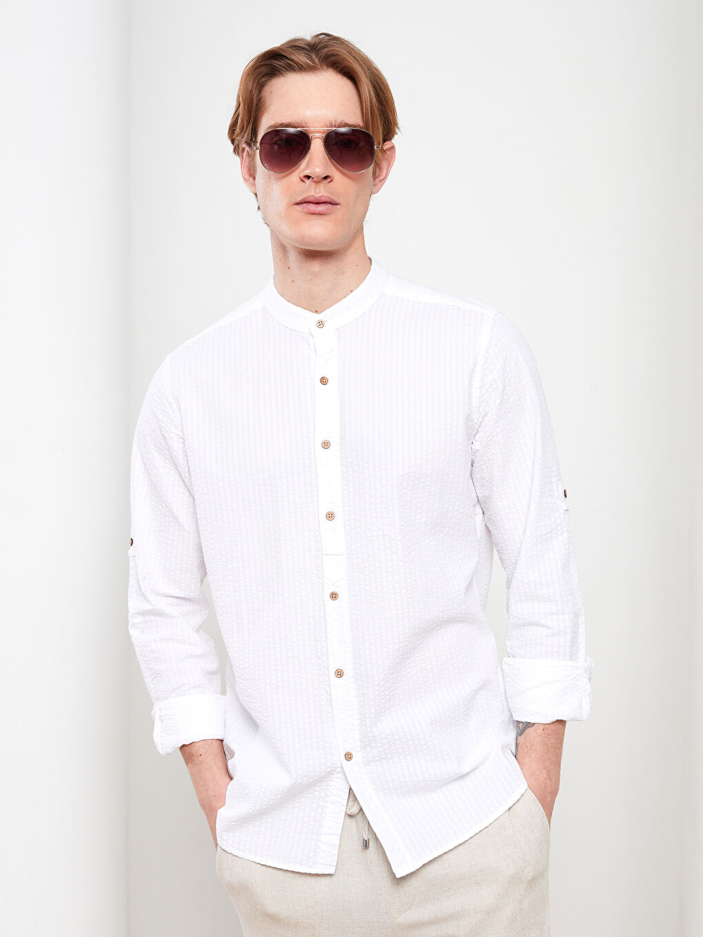 LCW Vision Slim Fit Grandad Collar Long Sleeve Men's Shirt -S27854Z8-KE8