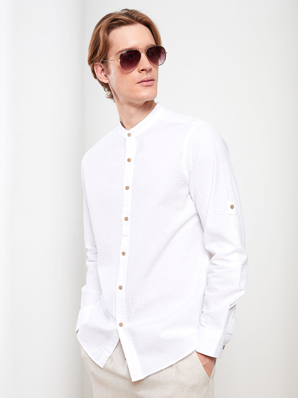 LCW Vision Slim Fit Grandad Collar Long Sleeve Men's Shirt -S27854Z8-KE8