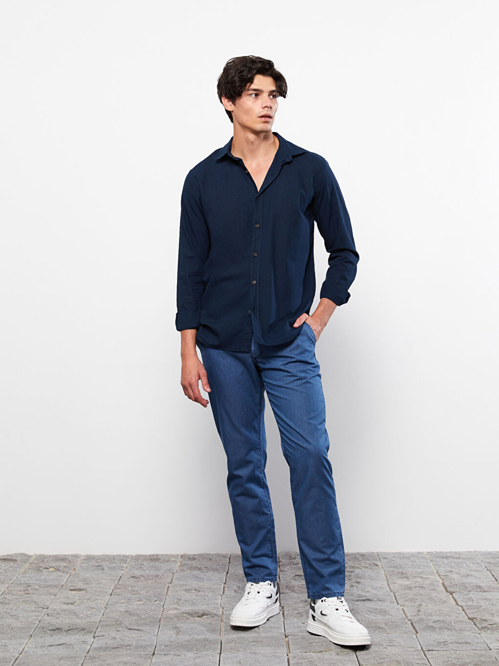 قميص بوبلين كم طويل عادي للرجال-1