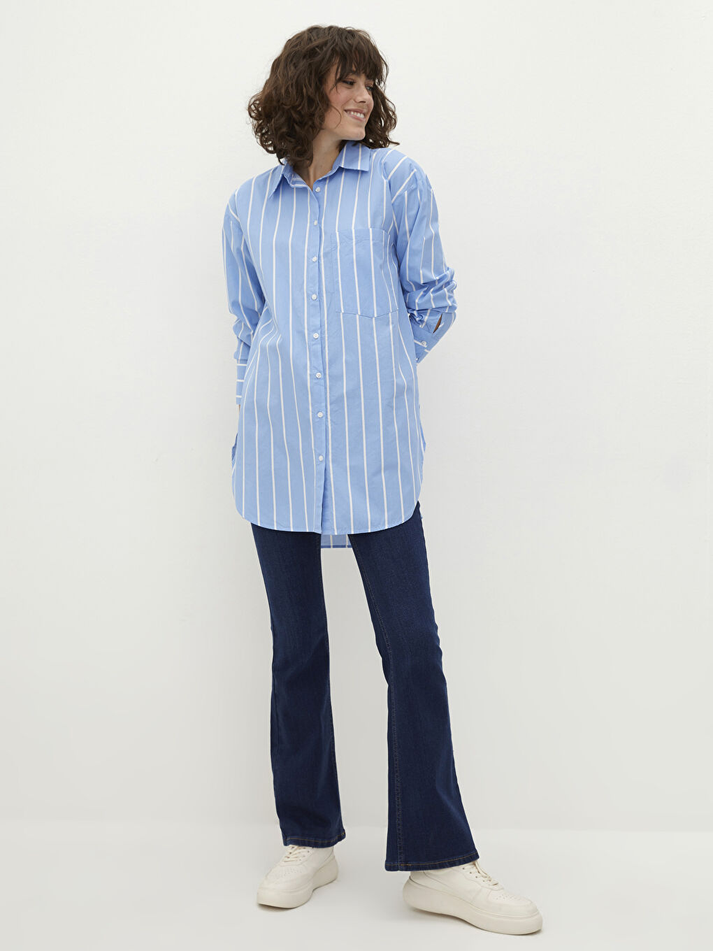Mavi Çizgili Uzun Kollu Poplin Kadın Gömlek Tunik-2