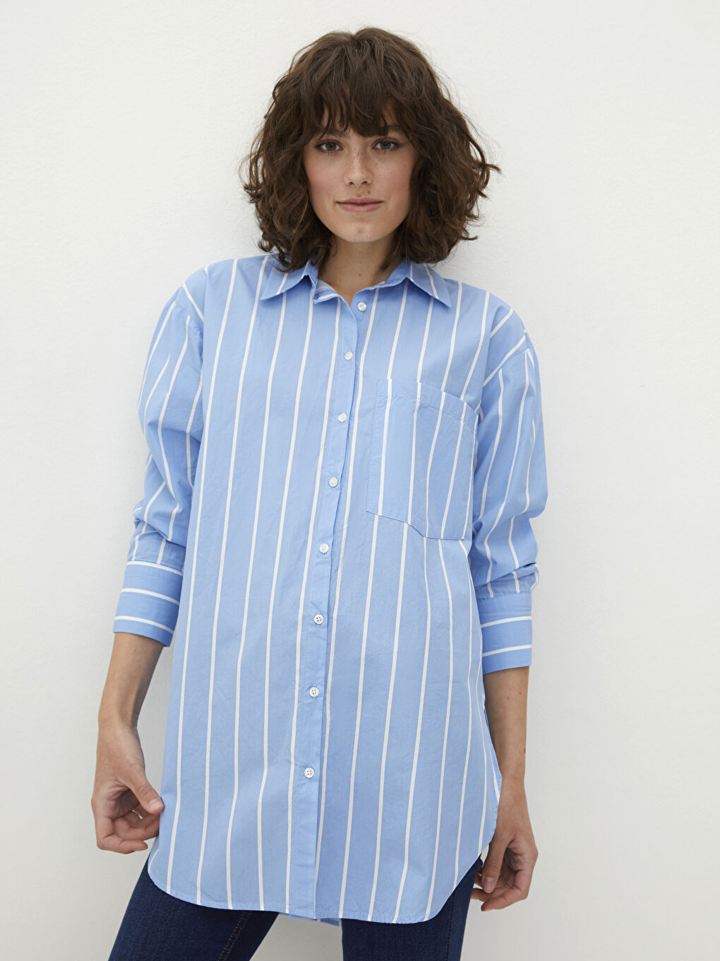 Mavi Çizgili Uzun Kollu Poplin Kadın Gömlek Tunik-3