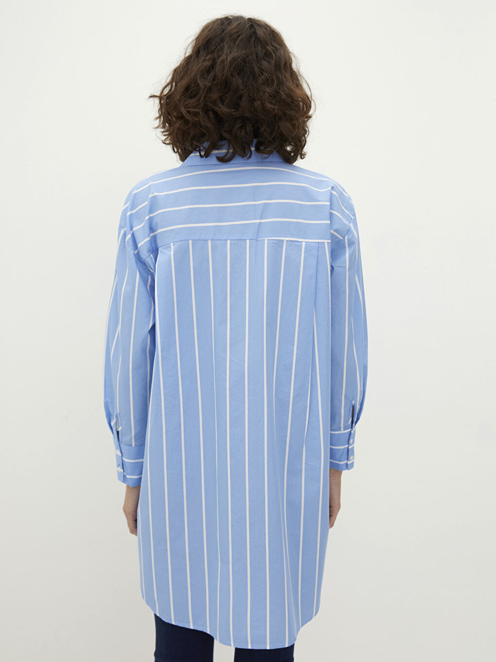 Mavi Çizgili Uzun Kollu Poplin Kadın Gömlek Tunik-5