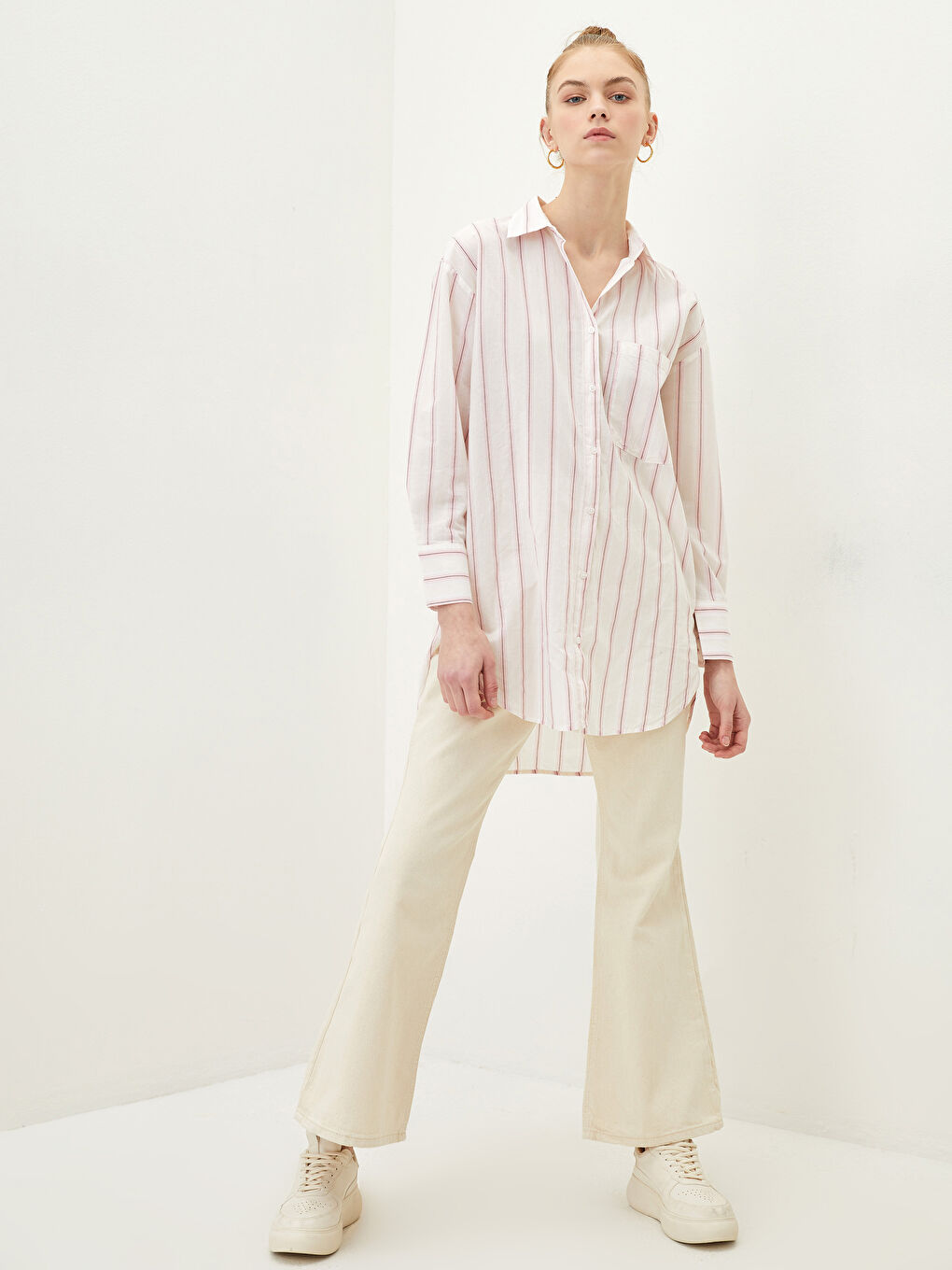 Bej Çizgili Uzun Kollu Poplin Kadın Gömlek Tunik-1