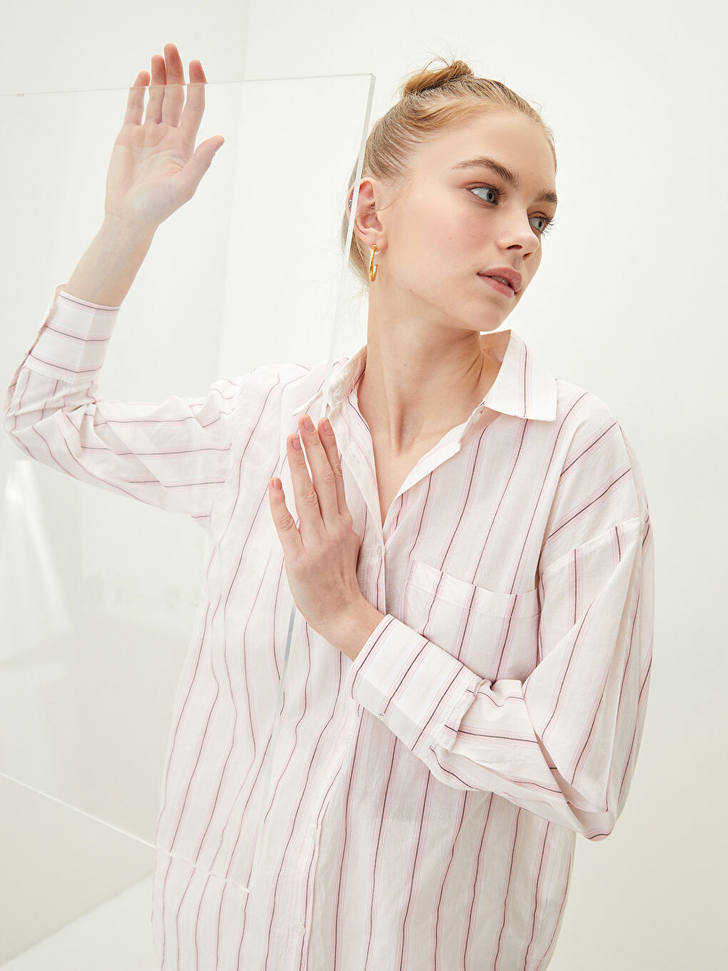 Bej Çizgili Uzun Kollu Poplin Kadın Gömlek Tunik-2