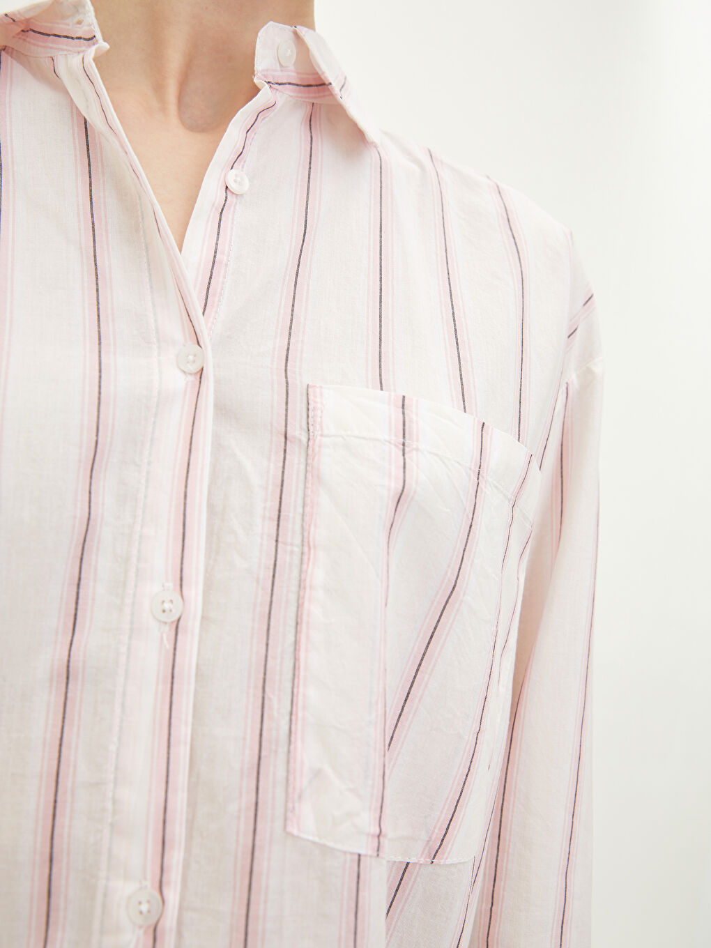 Bej Çizgili Uzun Kollu Poplin Kadın Gömlek Tunik-4