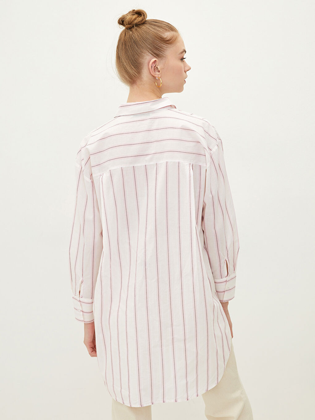 Bej Çizgili Uzun Kollu Poplin Kadın Gömlek Tunik-5