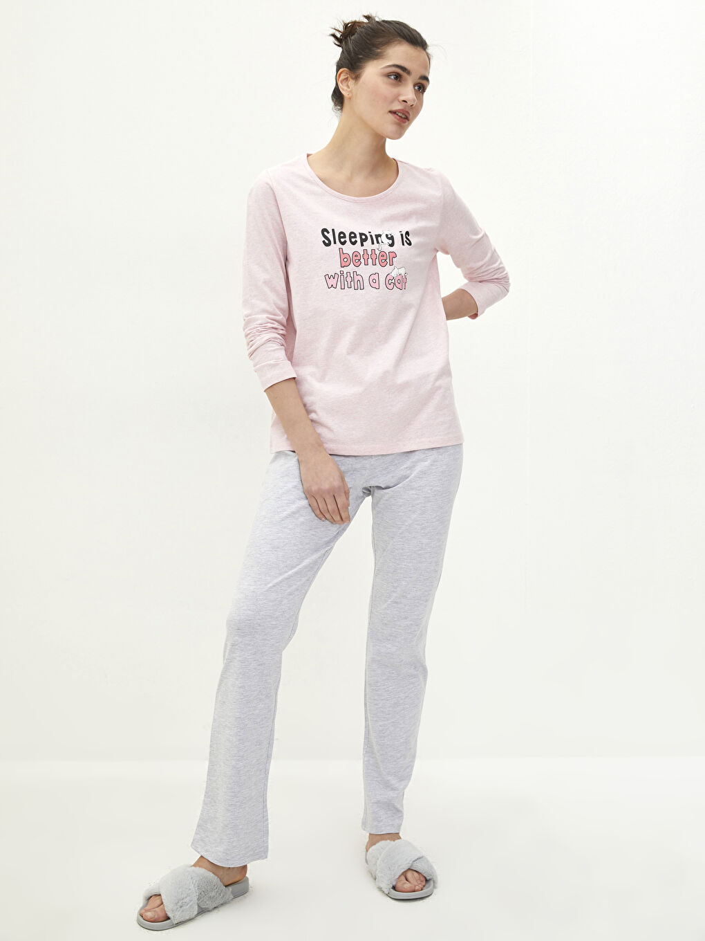 Gri Bisiklet Yaka Baskılı Uzun Kollu Kadın Pijama Takımı-2