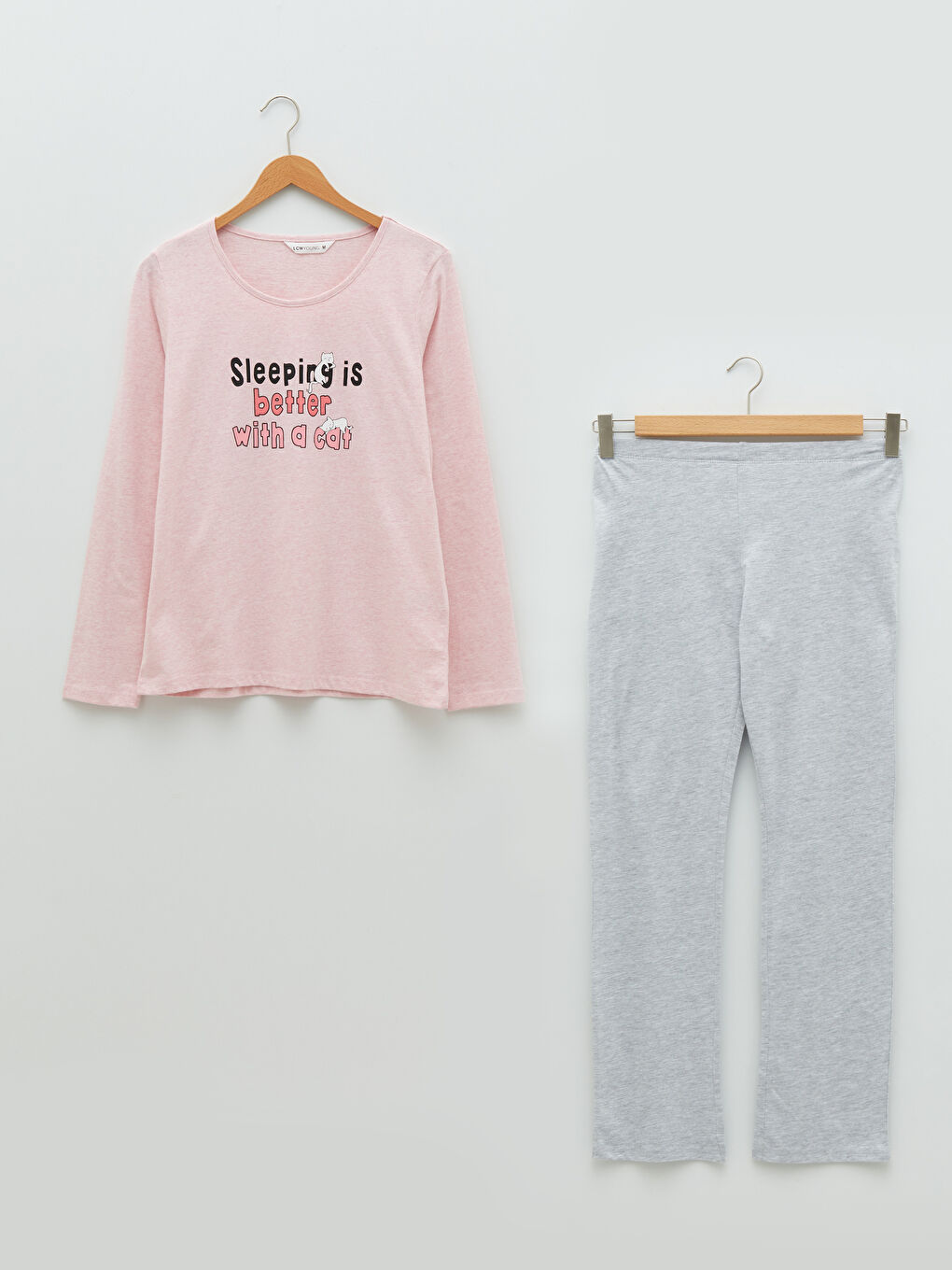 Gri Bisiklet Yaka Baskılı Uzun Kollu Kadın Pijama Takımı-5