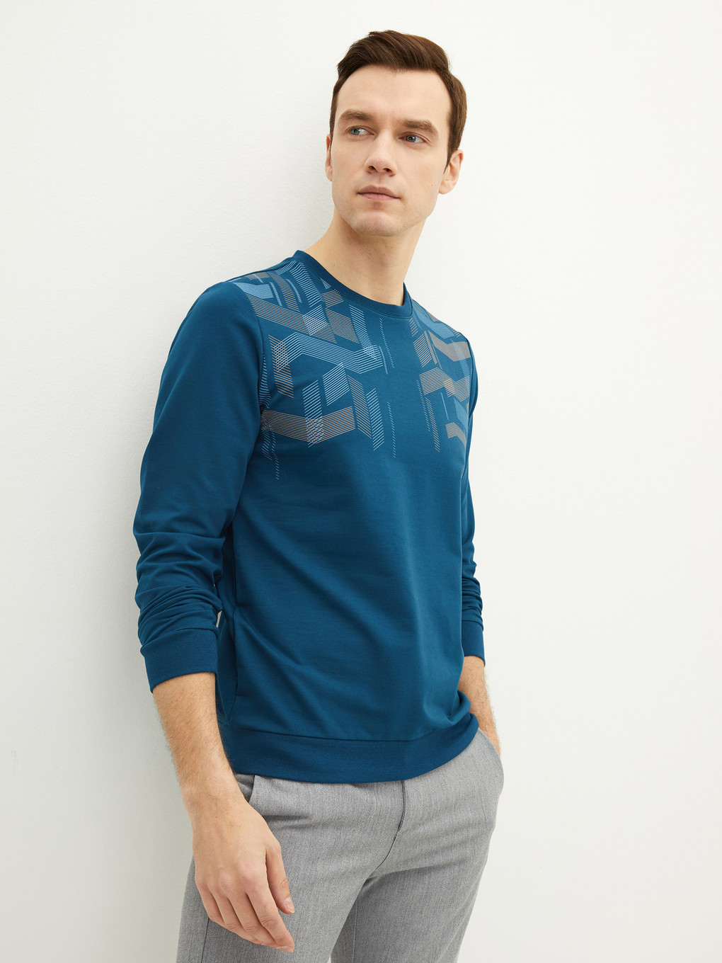 Petrol Bisiklet Yaka Uzun Kollu Baskılı Erkek Sweatshirt