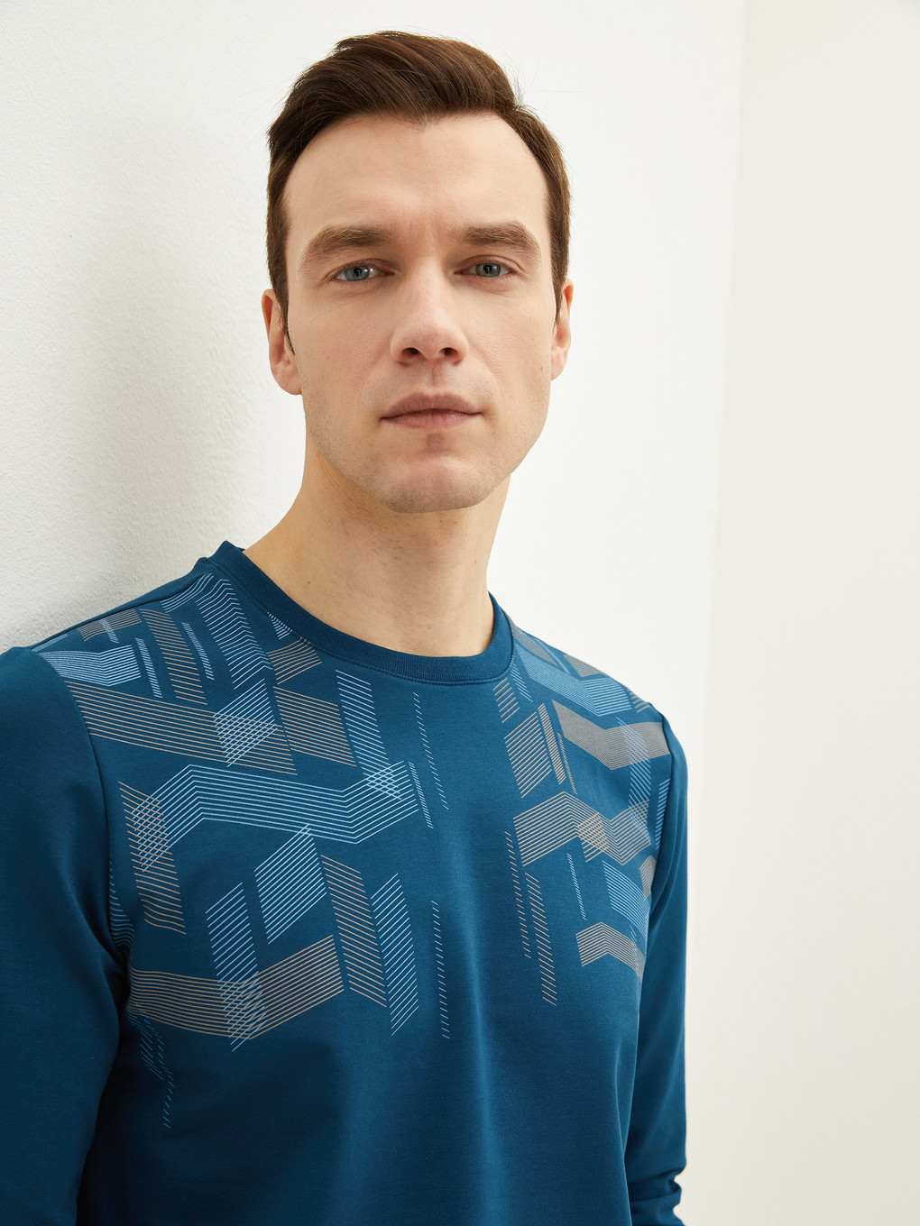 Petrol Bisiklet Yaka Uzun Kollu Baskılı Erkek Sweatshirt-1