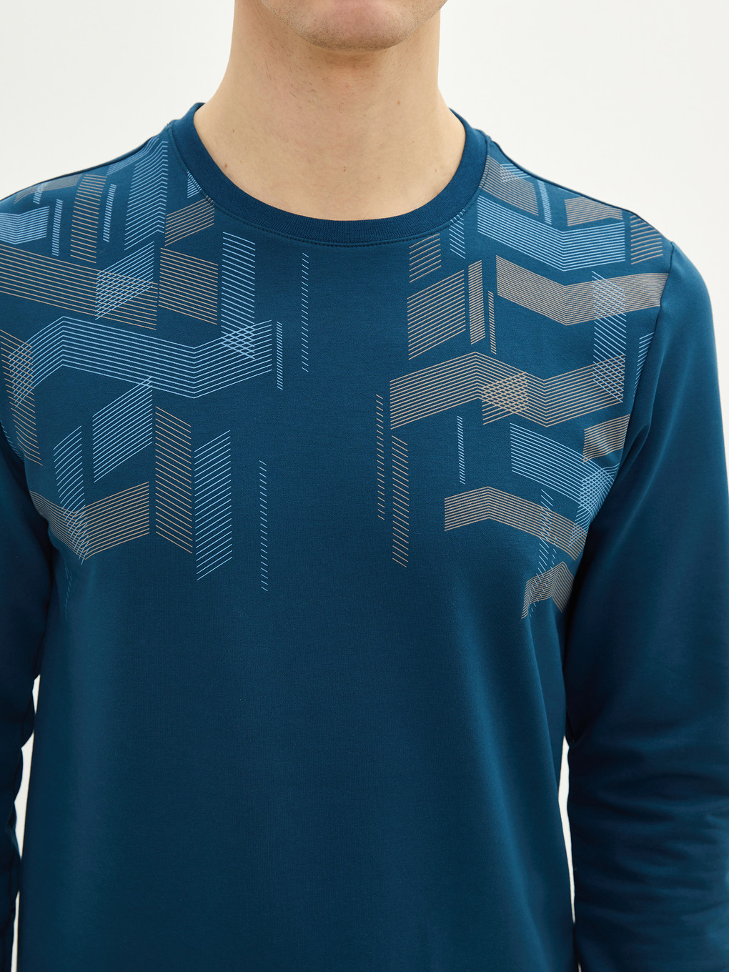 Petrol Bisiklet Yaka Uzun Kollu Baskılı Erkek Sweatshirt-3