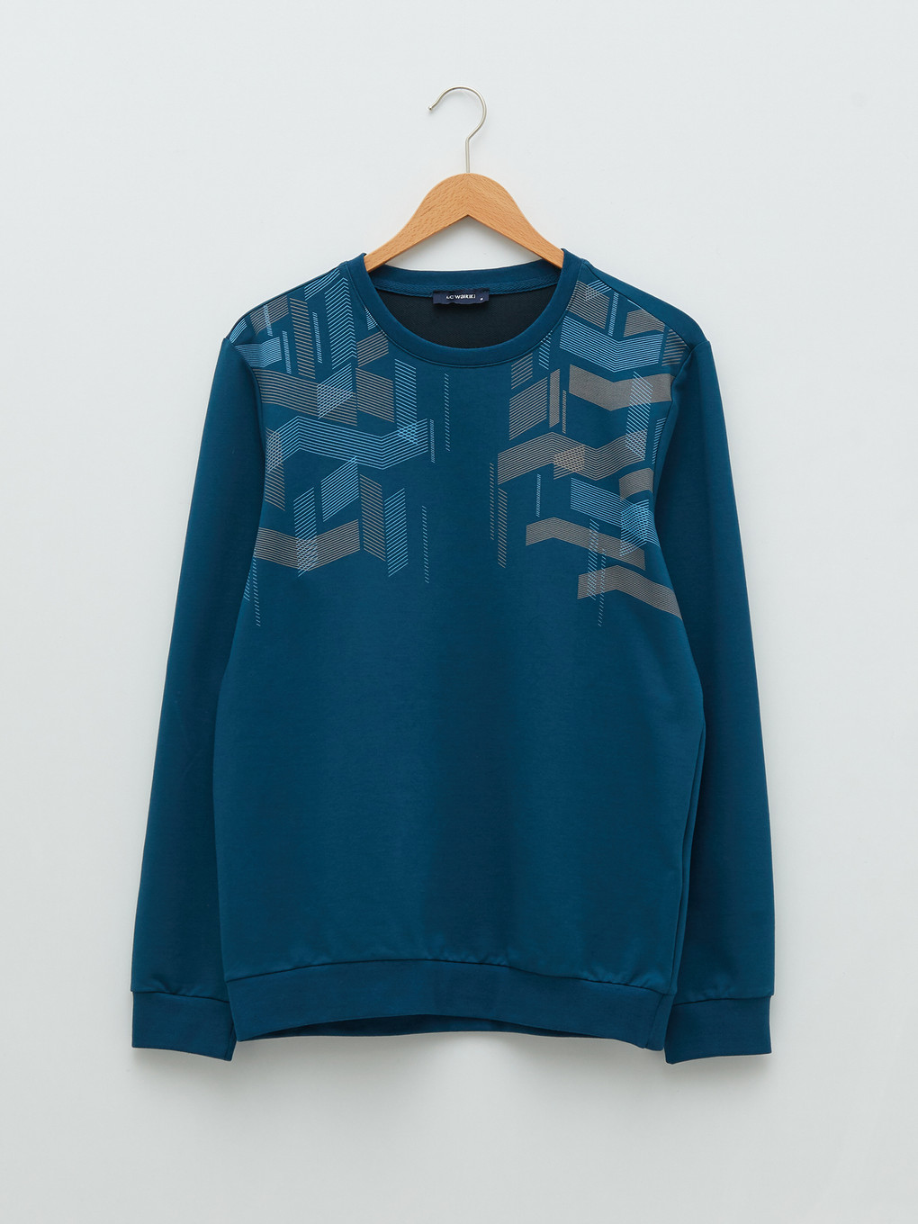 Petrol Bisiklet Yaka Uzun Kollu Baskılı Erkek Sweatshirt-5