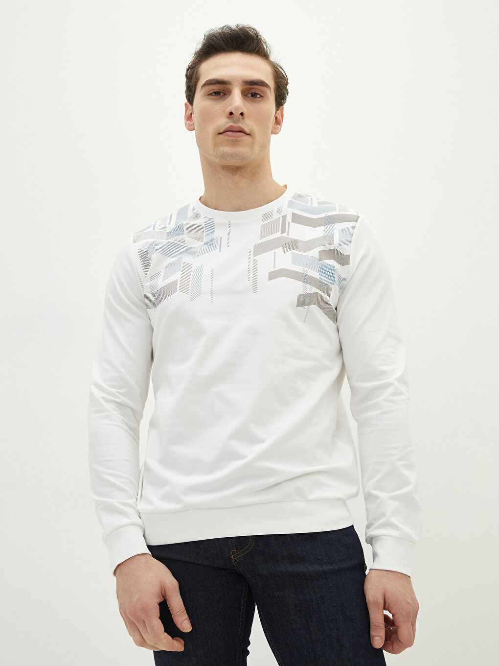 Ekru Bisiklet Yaka Uzun Kollu Baskılı Erkek Sweatshirt-1