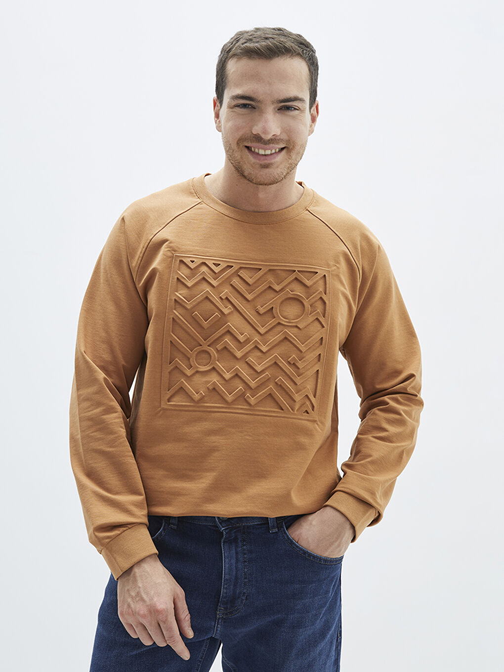 Kahverengi Bisiklet Yaka Uzun Kollu Baskılı Erkek Sweatshirt