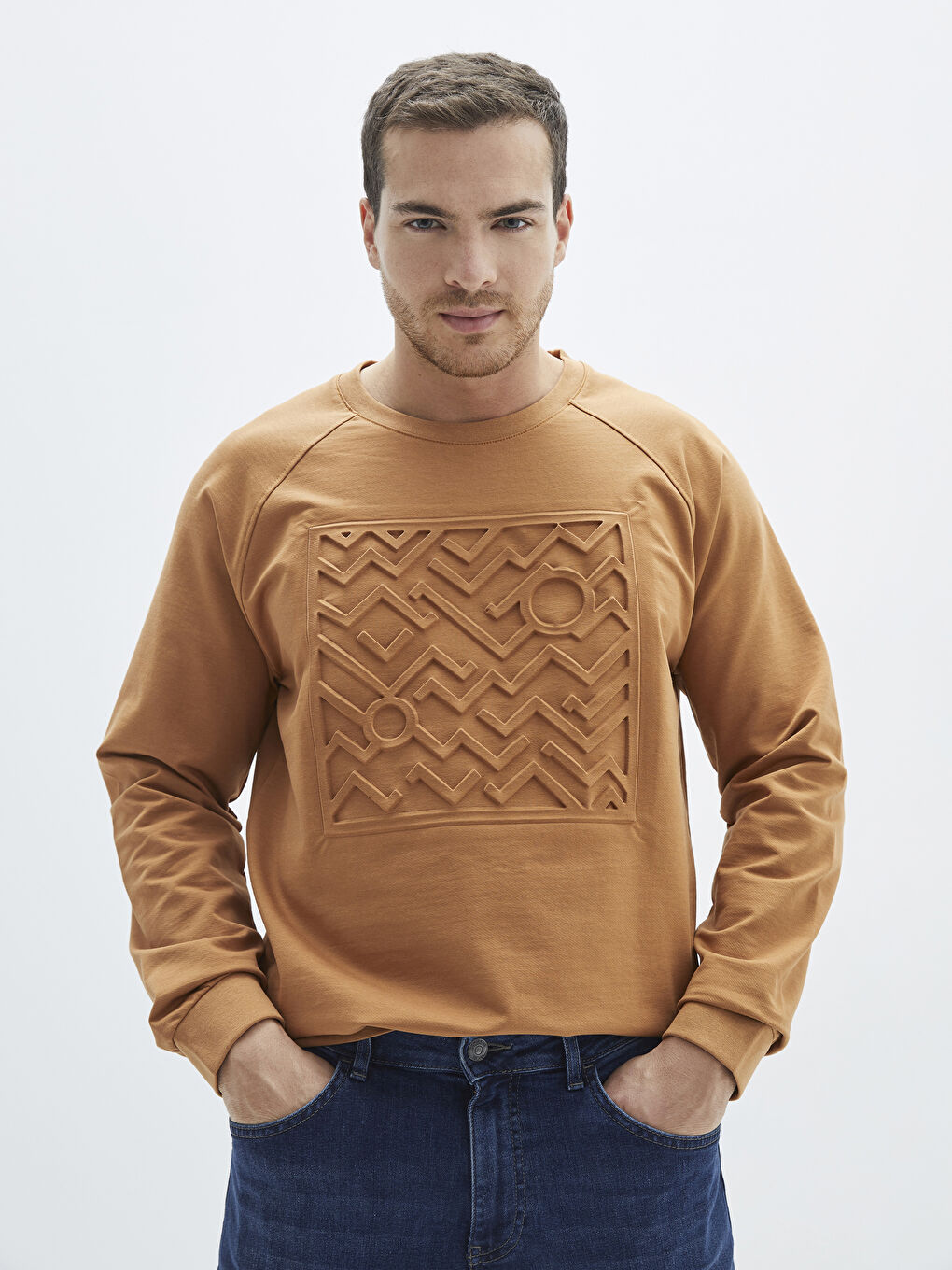 Kahverengi Bisiklet Yaka Uzun Kollu Baskılı Erkek Sweatshirt-1